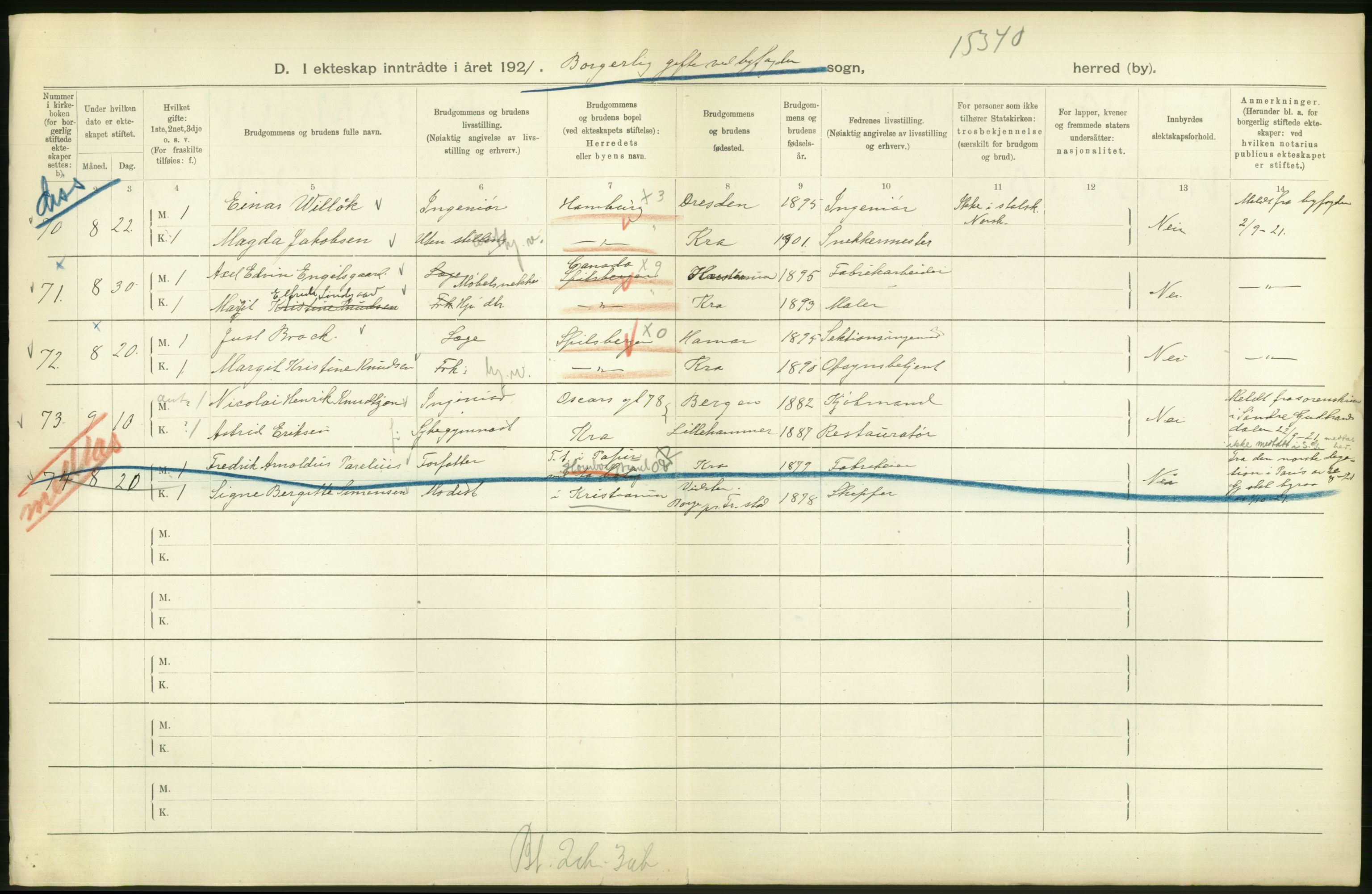 Statistisk sentralbyrå, Sosiodemografiske emner, Befolkning, AV/RA-S-2228/D/Df/Dfc/Dfca/L0011: Kristiania: Gifte, 1921, p. 216