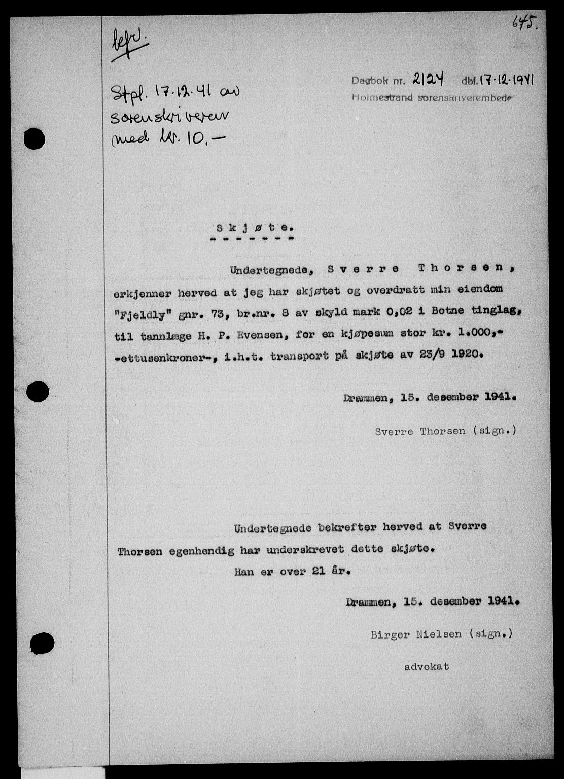 Holmestrand sorenskriveri, SAKO/A-67/G/Ga/Gaa/L0054: Mortgage book no. A-54, 1941-1942, Diary no: : 2124/1941