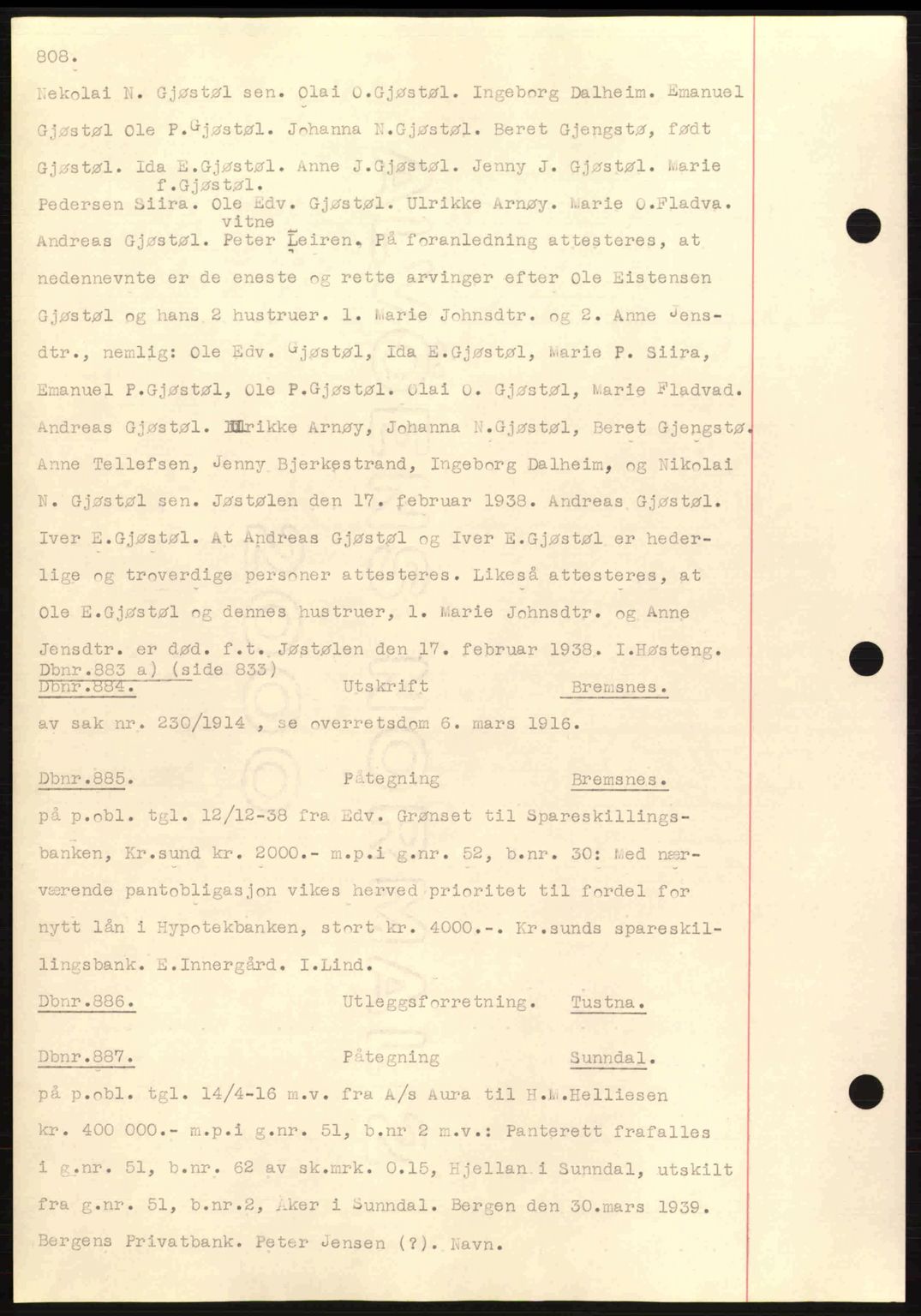 Nordmøre sorenskriveri, AV/SAT-A-4132/1/2/2Ca: Mortgage book no. C80, 1936-1939, Diary no: : 883/1939