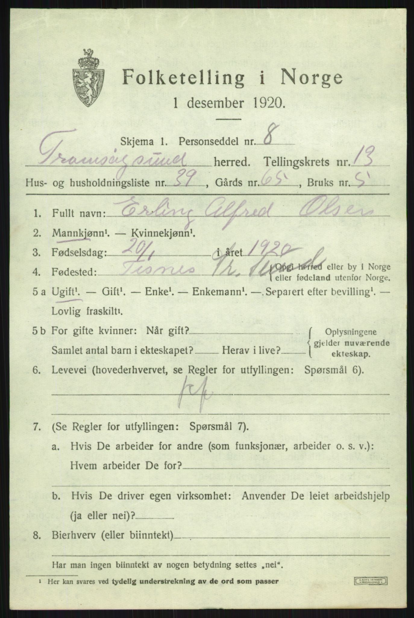 SATØ, 1920 census for Tromsøysund, 1920, p. 8498