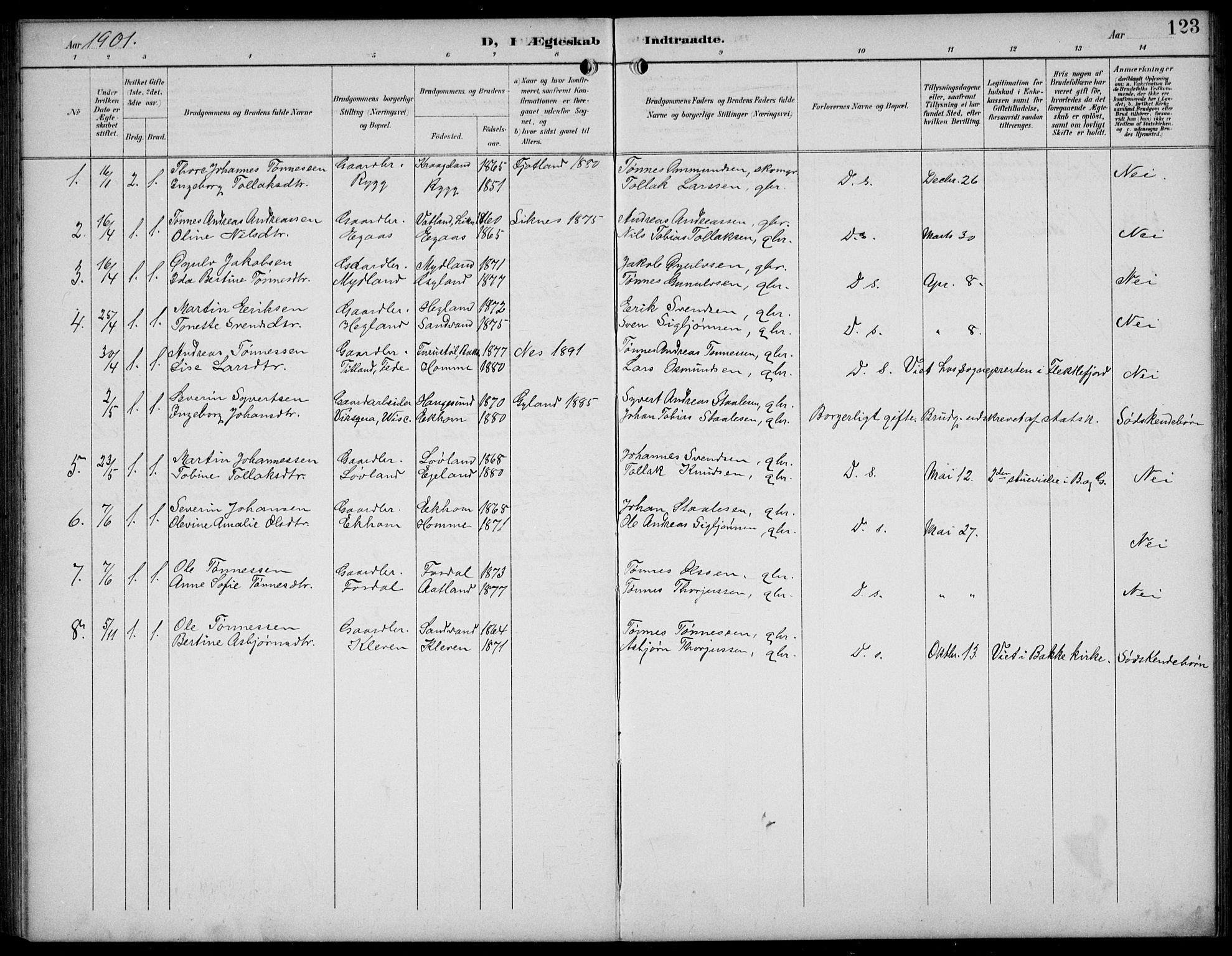 Bakke sokneprestkontor, SAK/1111-0002/F/Fb/Fbb/L0004: Parish register (copy) no. B 4, 1896-1927, p. 123