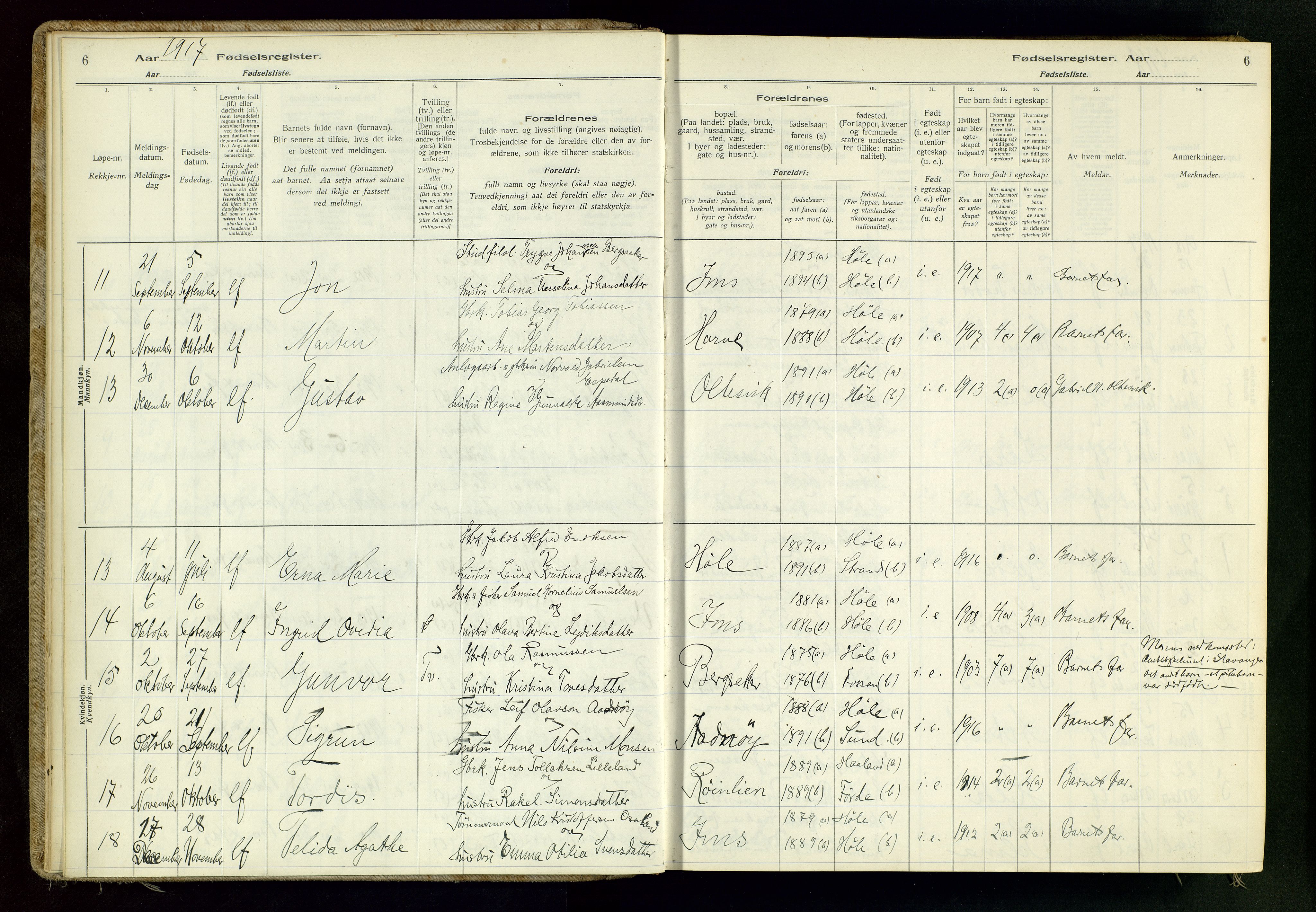 Høgsfjord sokneprestkontor, AV/SAST-A-101624/I/Id/L0001: Birth register no. 1, 1916-1982, p. 6