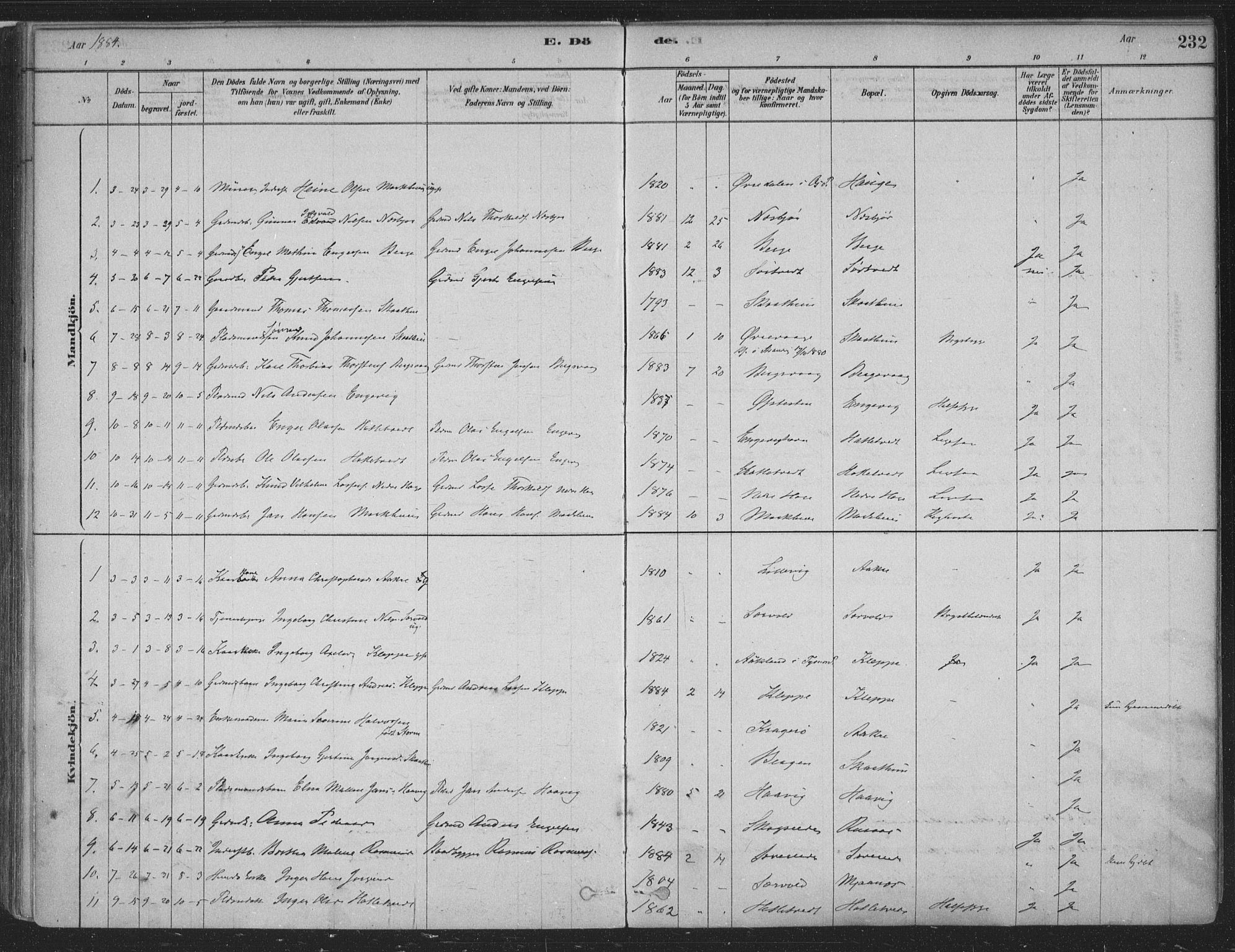 Fusa sokneprestembete, SAB/A-75401/H/Haa: Parish register (official) no. D 1, 1880-1938, p. 232