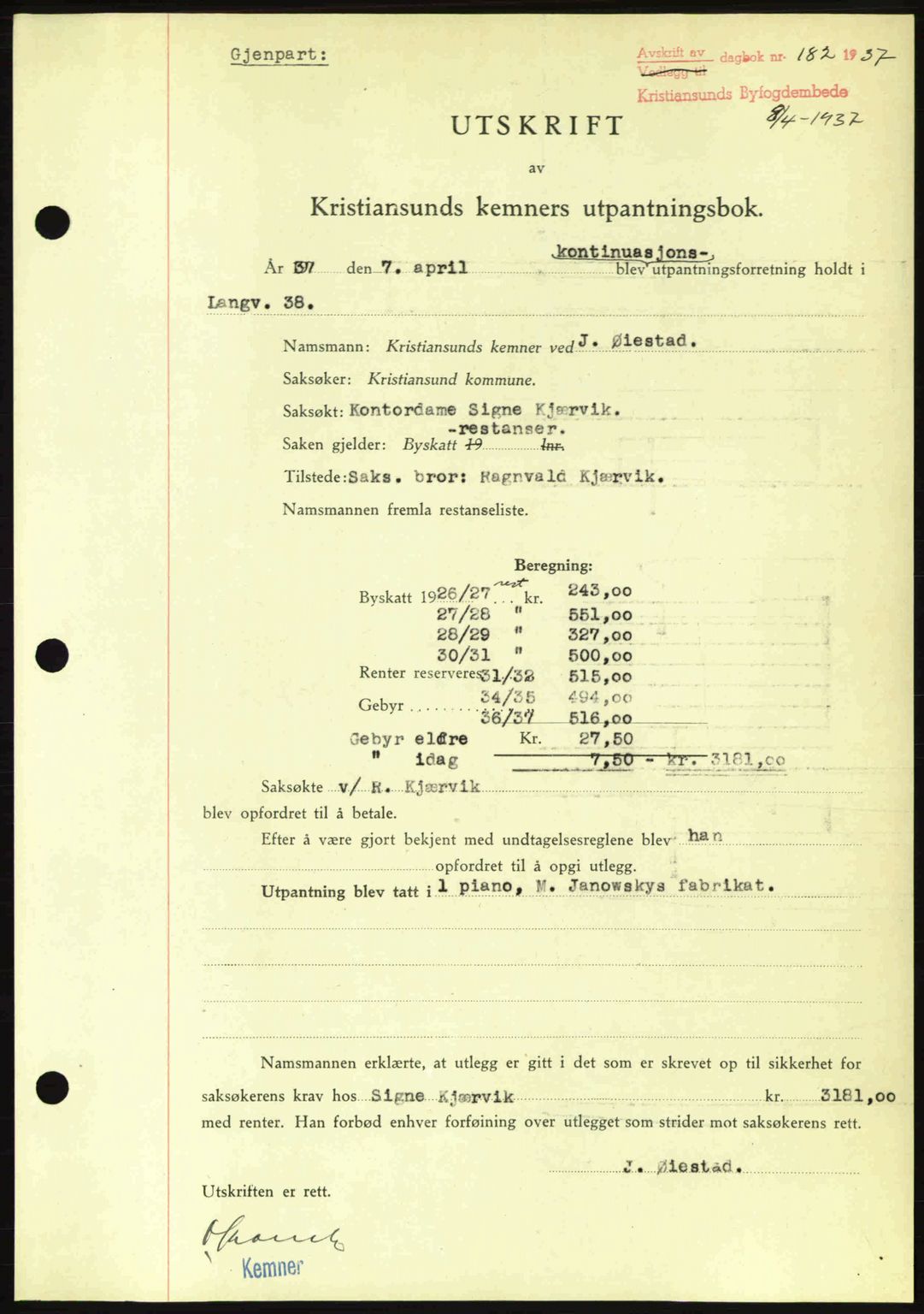 Kristiansund byfogd, AV/SAT-A-4587/A/27: Mortgage book no. 29, 1936-1937, Diary no: : 182/1937