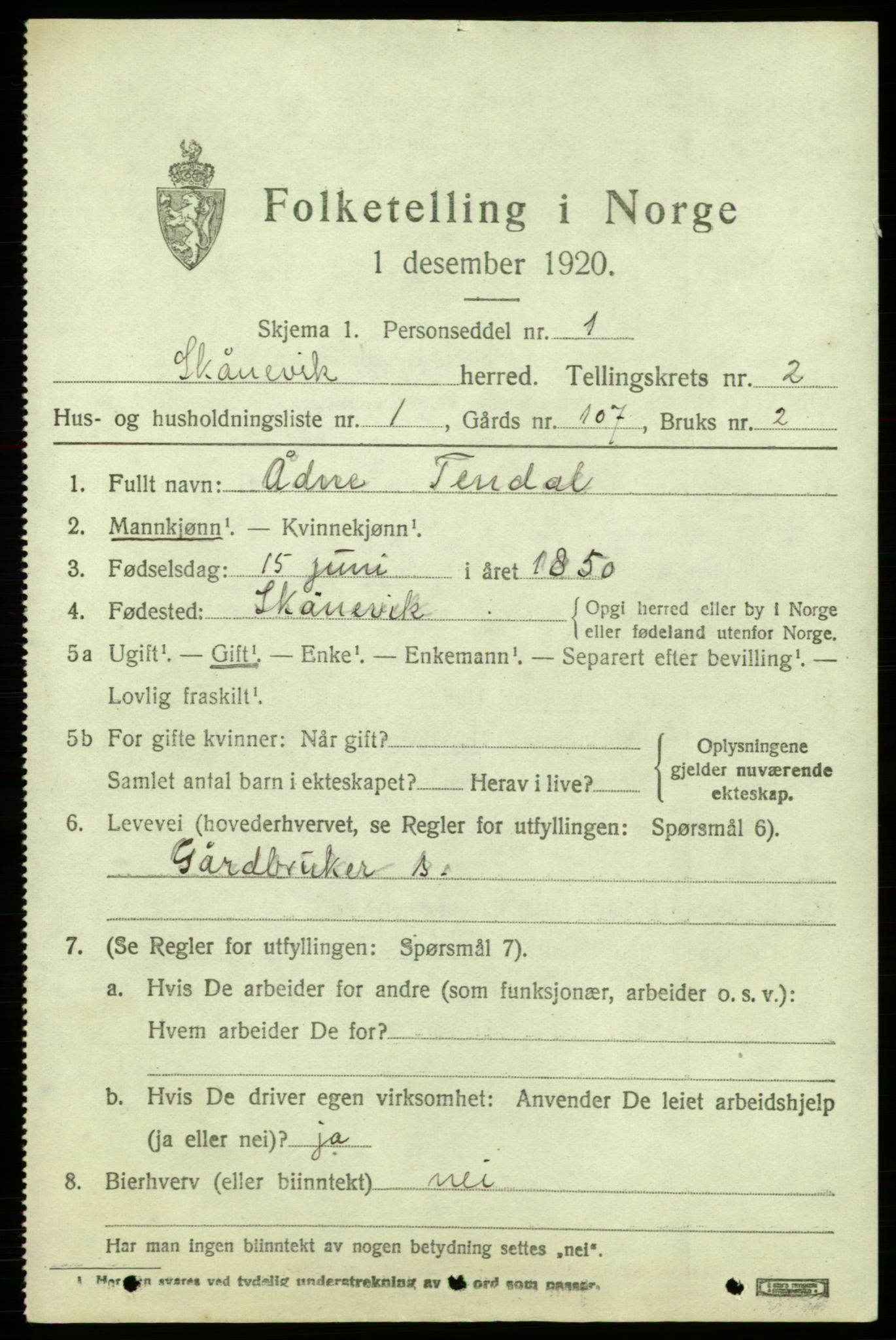 SAB, 1920 census for Skånevik, 1920, p. 2471