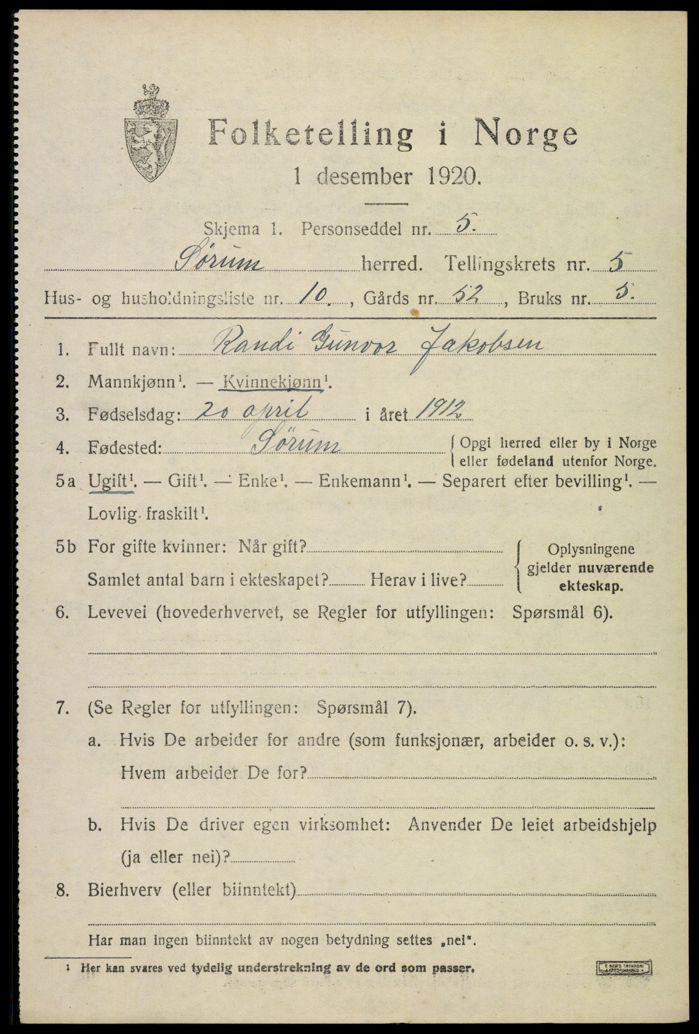 SAO, 1920 census for Sørum, 1920, p. 4705