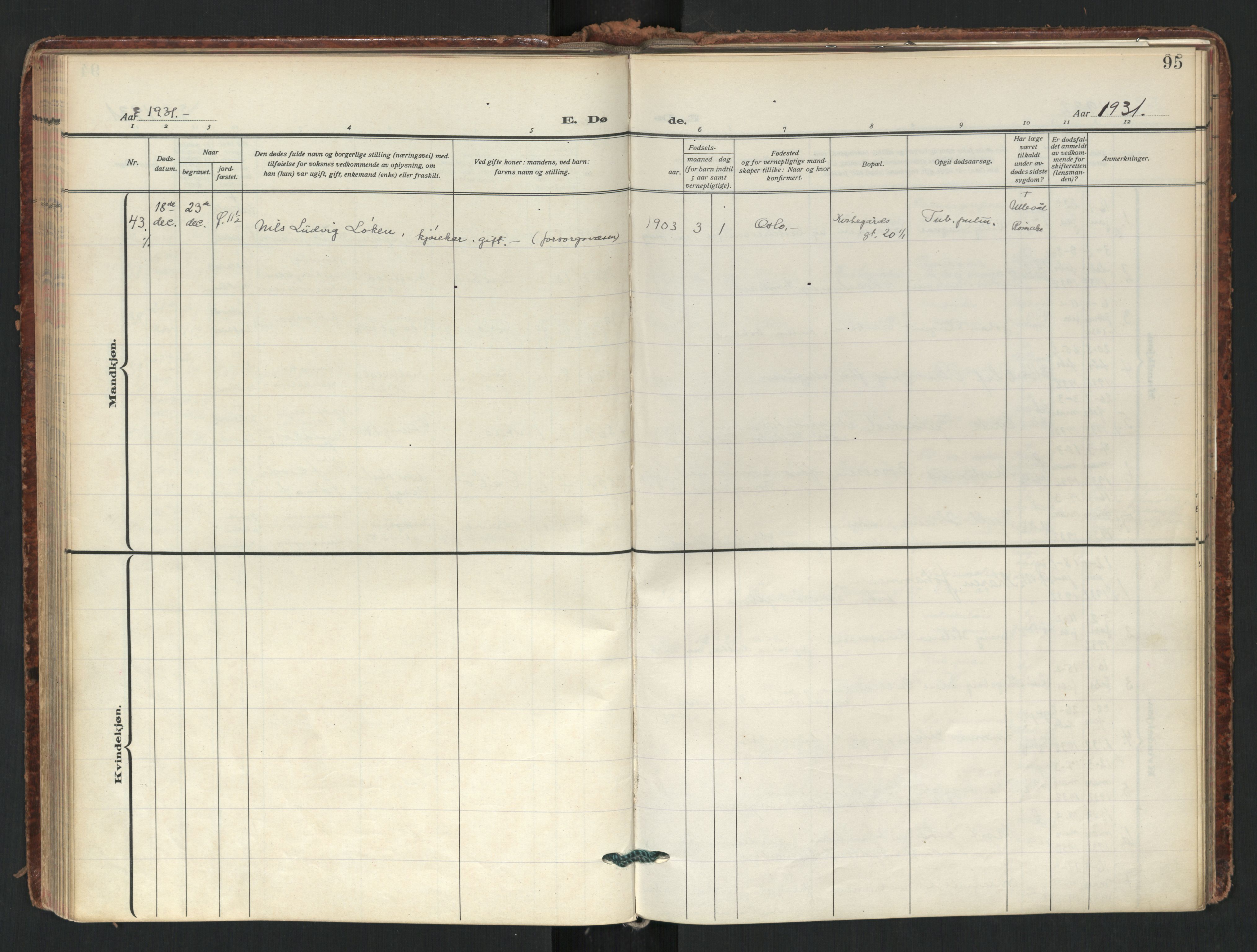 Tøyen prestekontor Kirkebøker, AV/SAO-A-10167a/F/Fa/L0006: Parish register (official) no. I 6, 1931-1966, p. 95