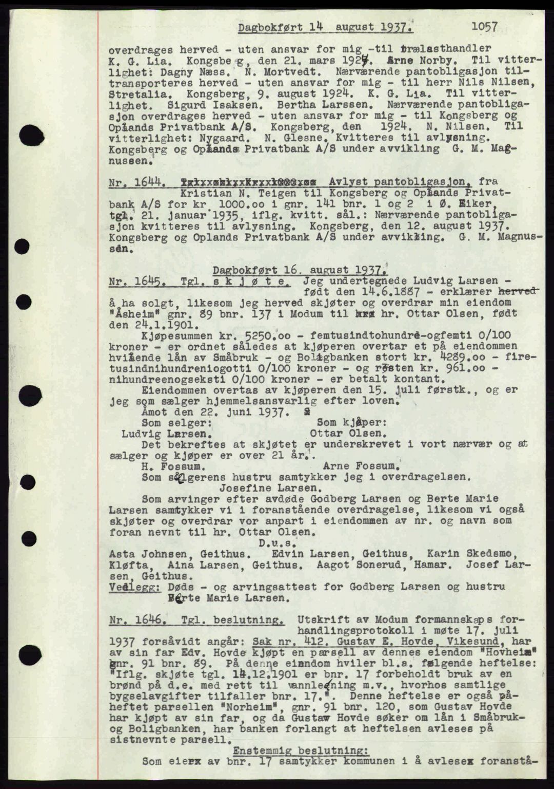 Eiker, Modum og Sigdal sorenskriveri, SAKO/A-123/G/Ga/Gab/L0035: Mortgage book no. A5, 1937-1937, Diary no: : 1644/1937