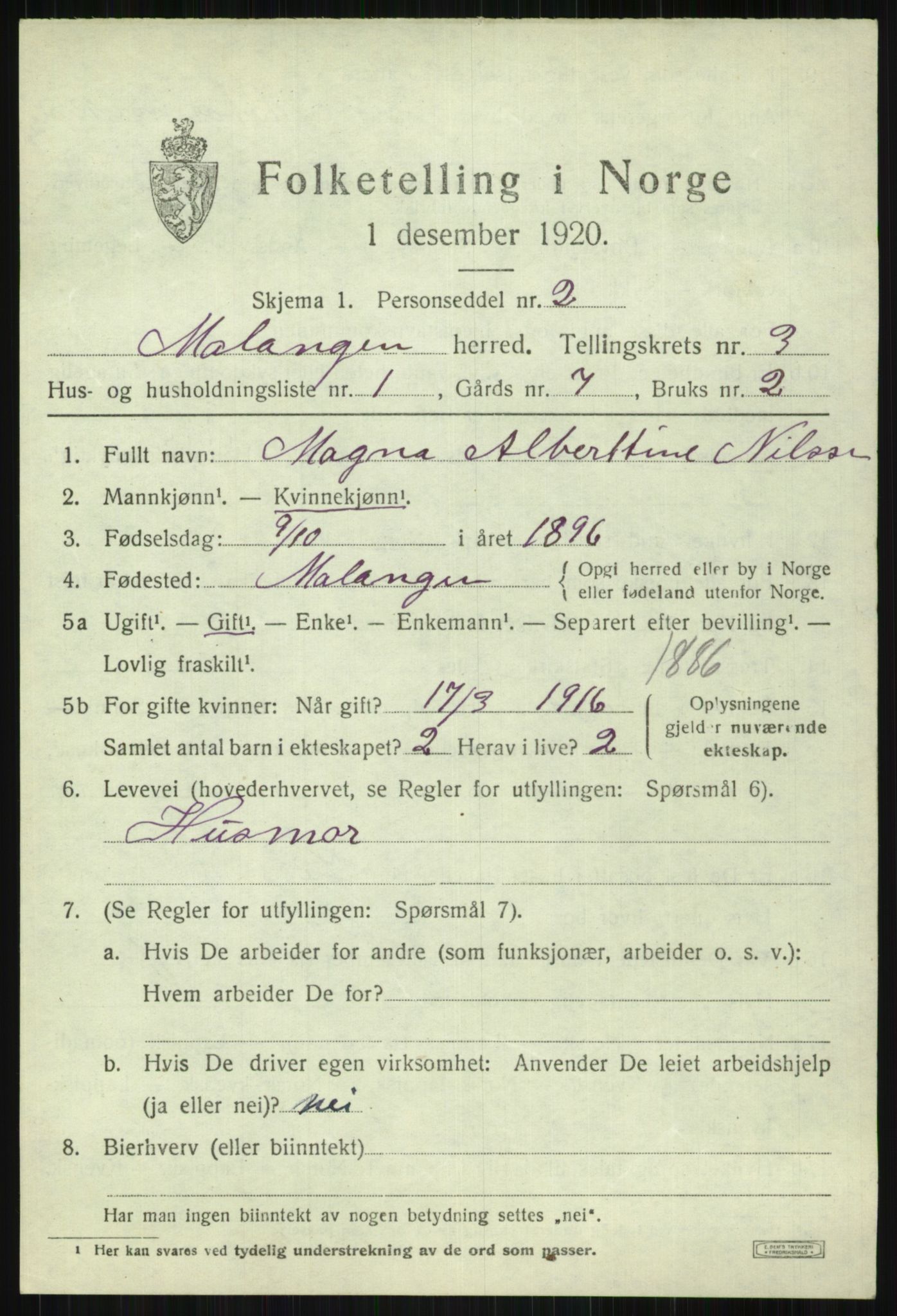 SATØ, 1920 census for Malangen, 1920, p. 1208