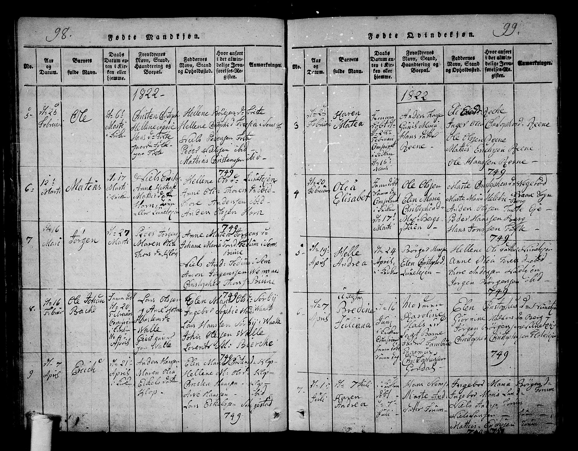 Ramnes kirkebøker, SAKO/A-314/G/Ga/L0001: Parish register (copy) no. I 1, 1813-1847, p. 98-99