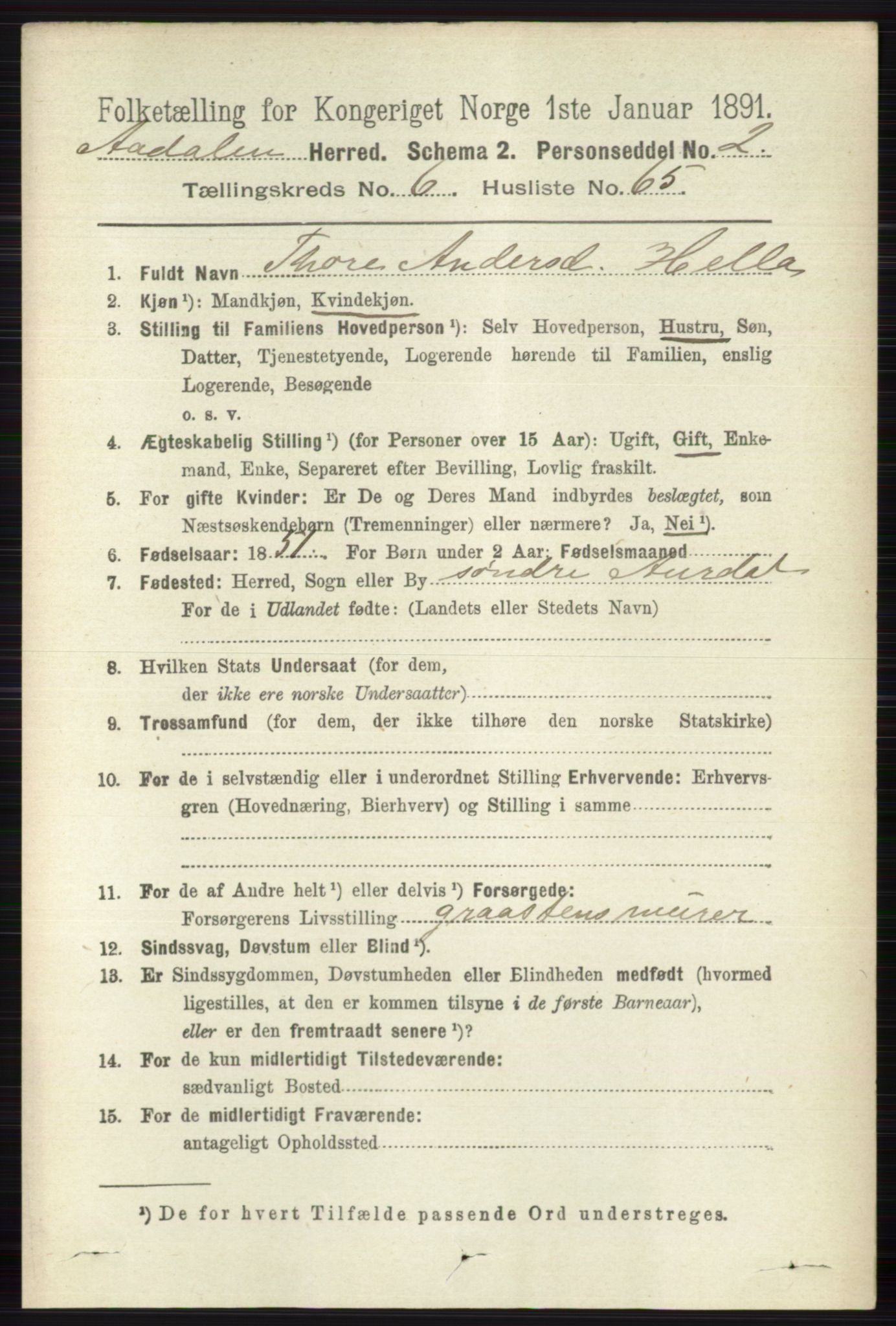 RA, 1891 census for 0614 Ådal, 1891, p. 3001