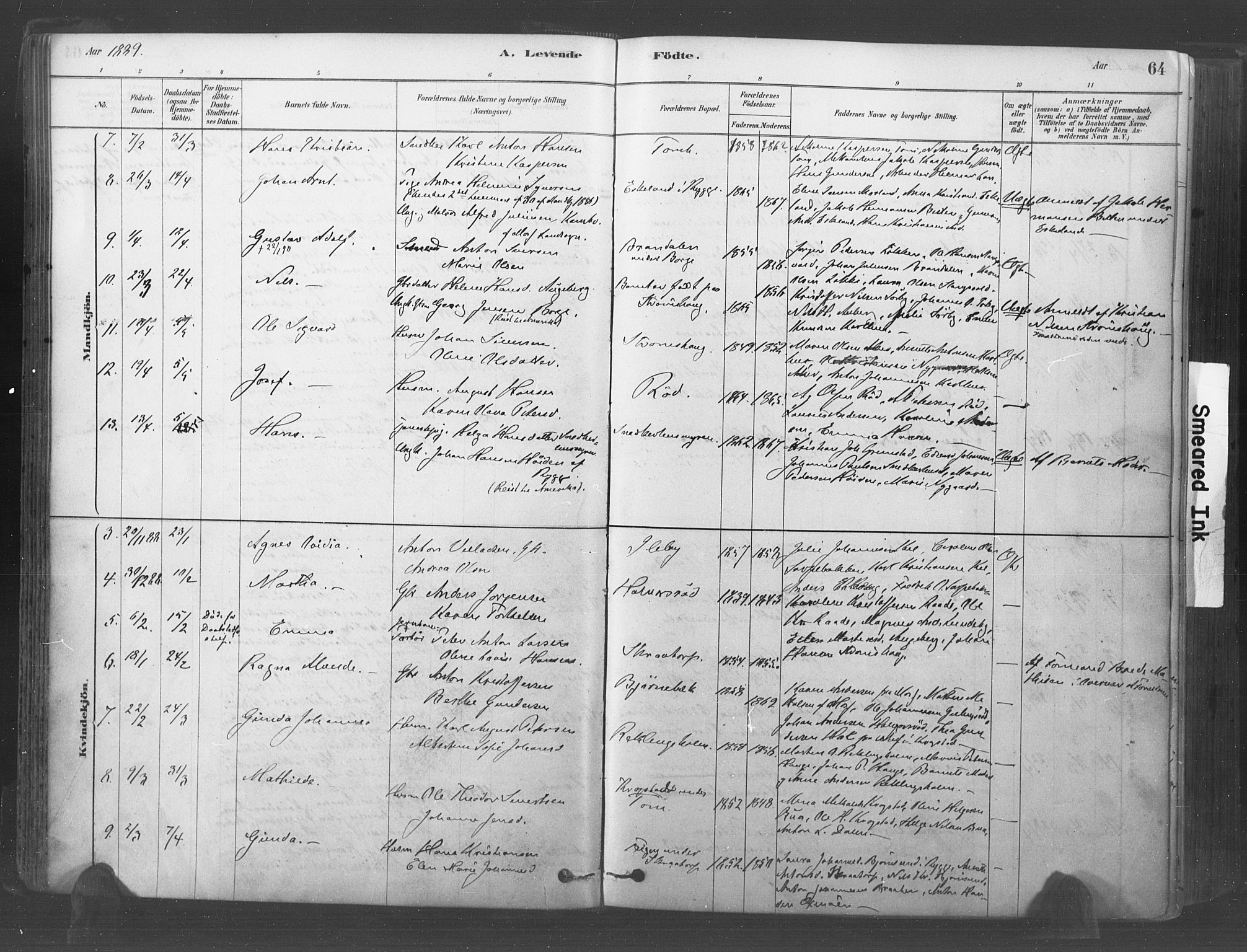 Råde prestekontor kirkebøker, AV/SAO-A-2009/F/Fa/L0007: Parish register (official) no. 7, 1878-1902, p. 64