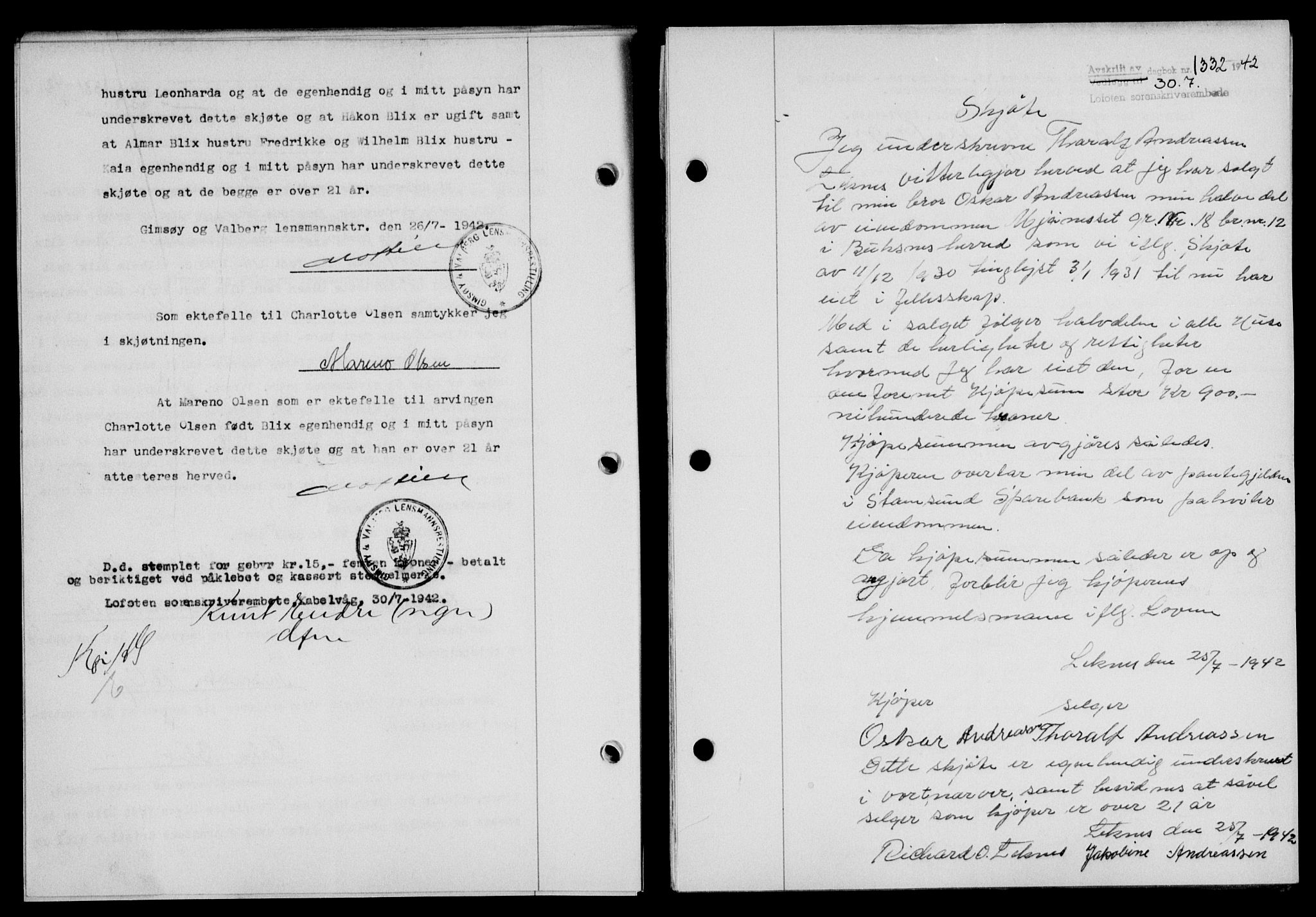 Lofoten sorenskriveri, SAT/A-0017/1/2/2C/L0010a: Mortgage book no. 10a, 1942-1943, Diary no: : 1332/1942