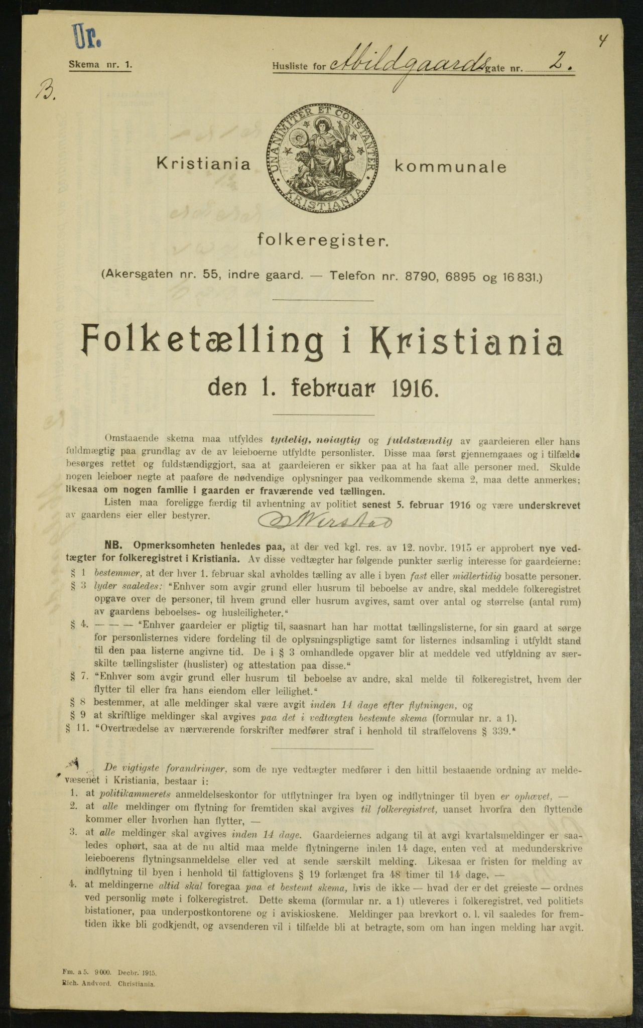 OBA, Municipal Census 1916 for Kristiania, 1916, p. 2