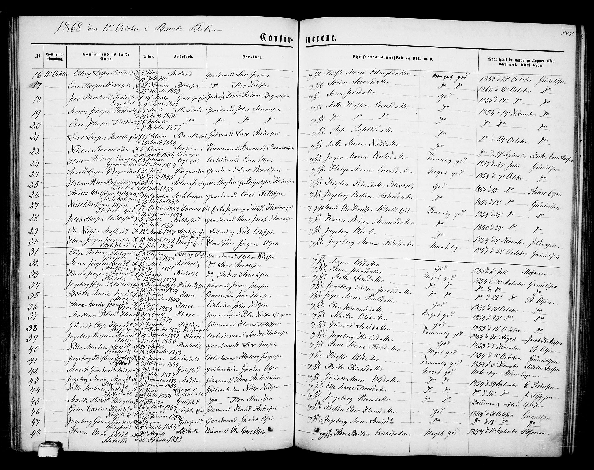 Bamble kirkebøker, SAKO/A-253/G/Ga/L0006: Parish register (copy) no. I 6, 1860-1876, p. 237