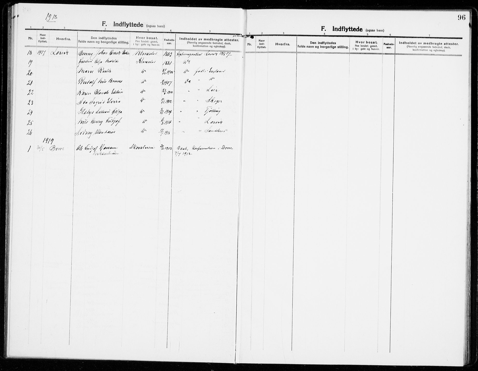 Sandar kirkebøker, SAKO/A-243/F/Fa/L0020: Parish register (official) no. 20, 1915-1919, p. 96
