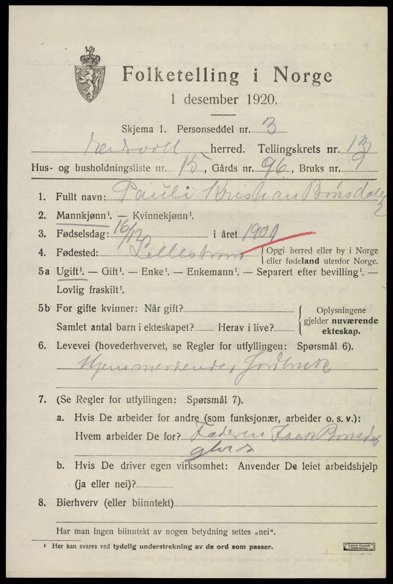SAO, 1920 census for Eidsvoll, 1920, p. 20127