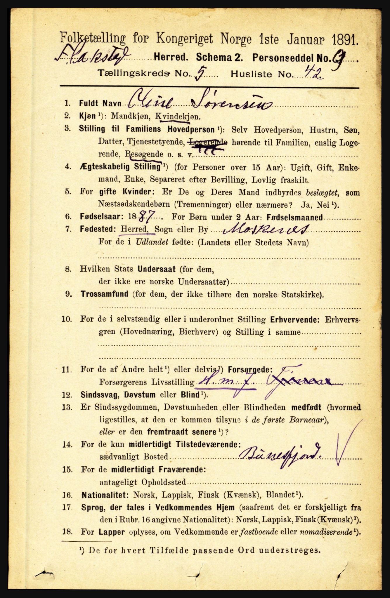 RA, 1891 census for 1859 Flakstad, 1891, p. 2776