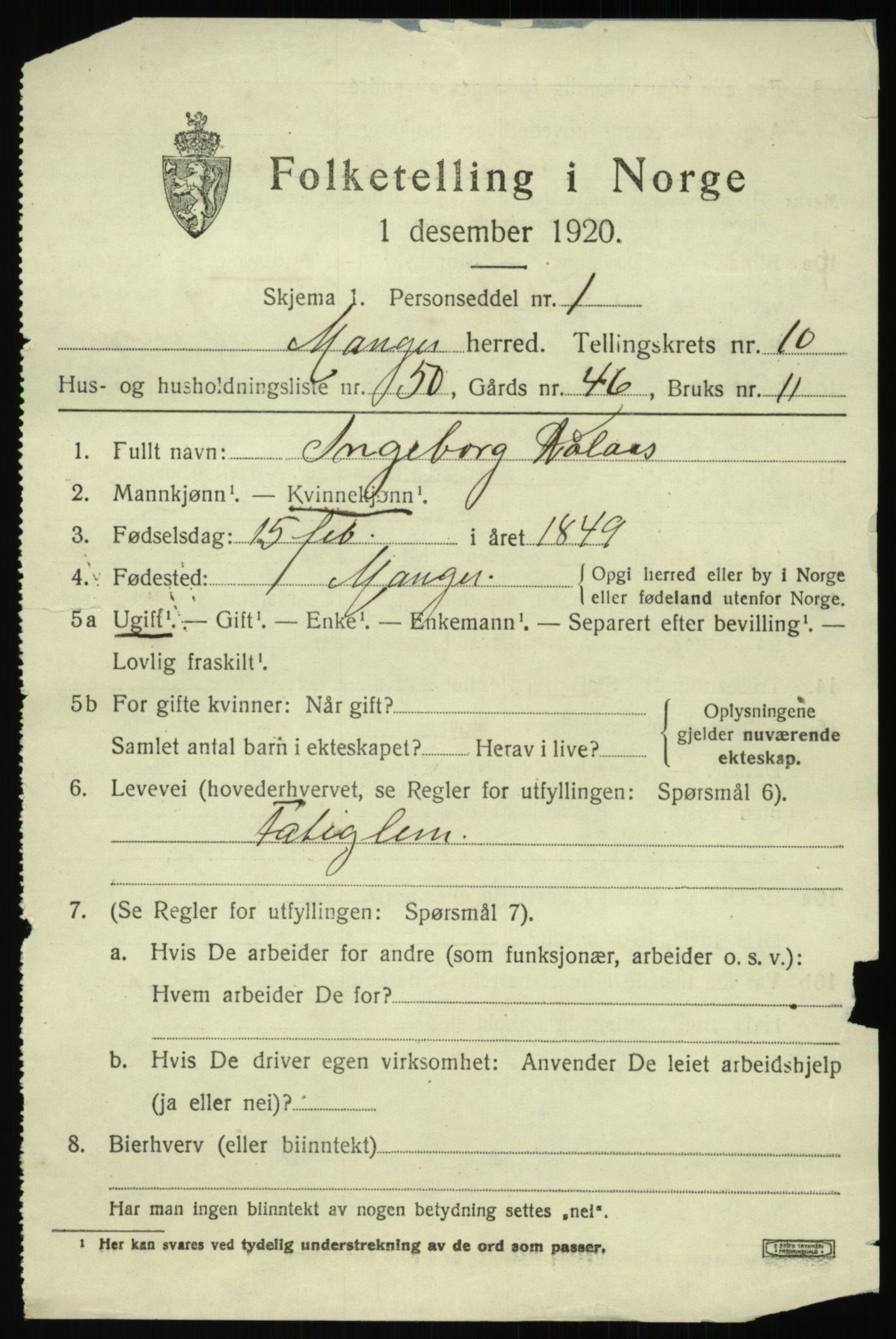 SAB, 1920 census for Manger, 1920, p. 6680