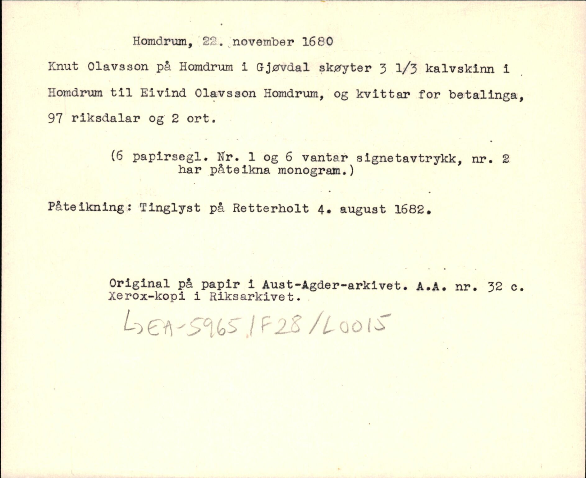 Riksarkivets diplomsamling, AV/RA-EA-5965/F35/F35d/L0005: Innlånte diplomer, seddelregister, 1661-1690, p. 402