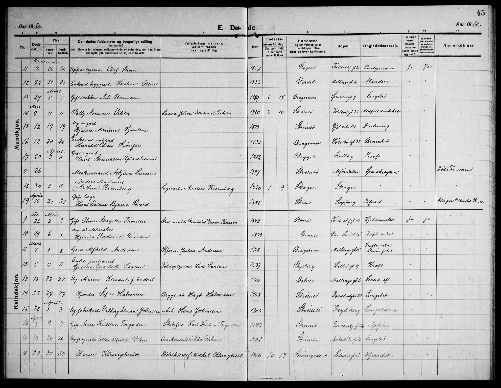 Strømsø kirkebøker, AV/SAKO-A-246/F/Fa/L0028: Parish register (official) no. I 29, 1914-1937, p. 45