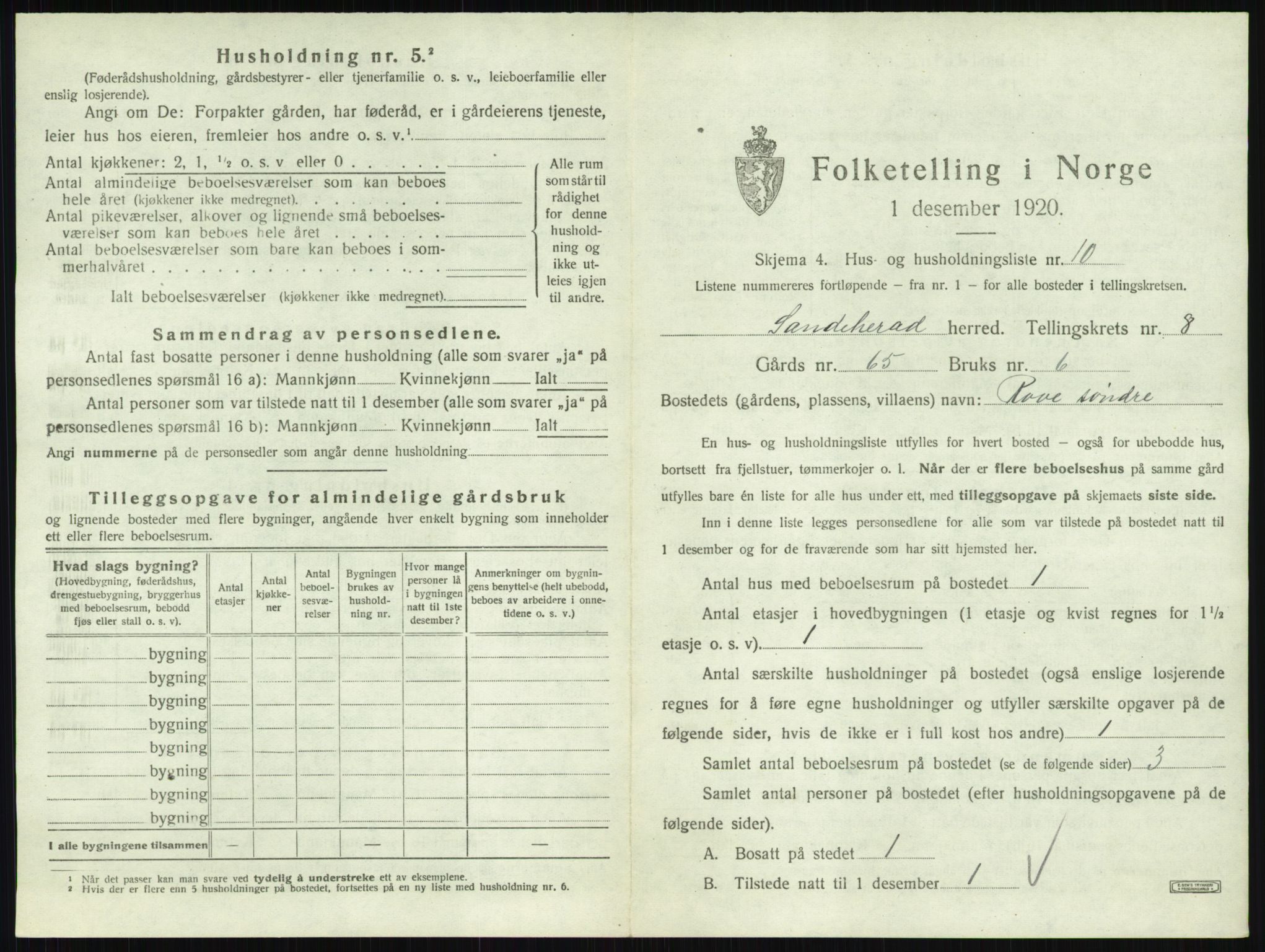 SAKO, 1920 census for Sandeherred, 1920, p. 1612