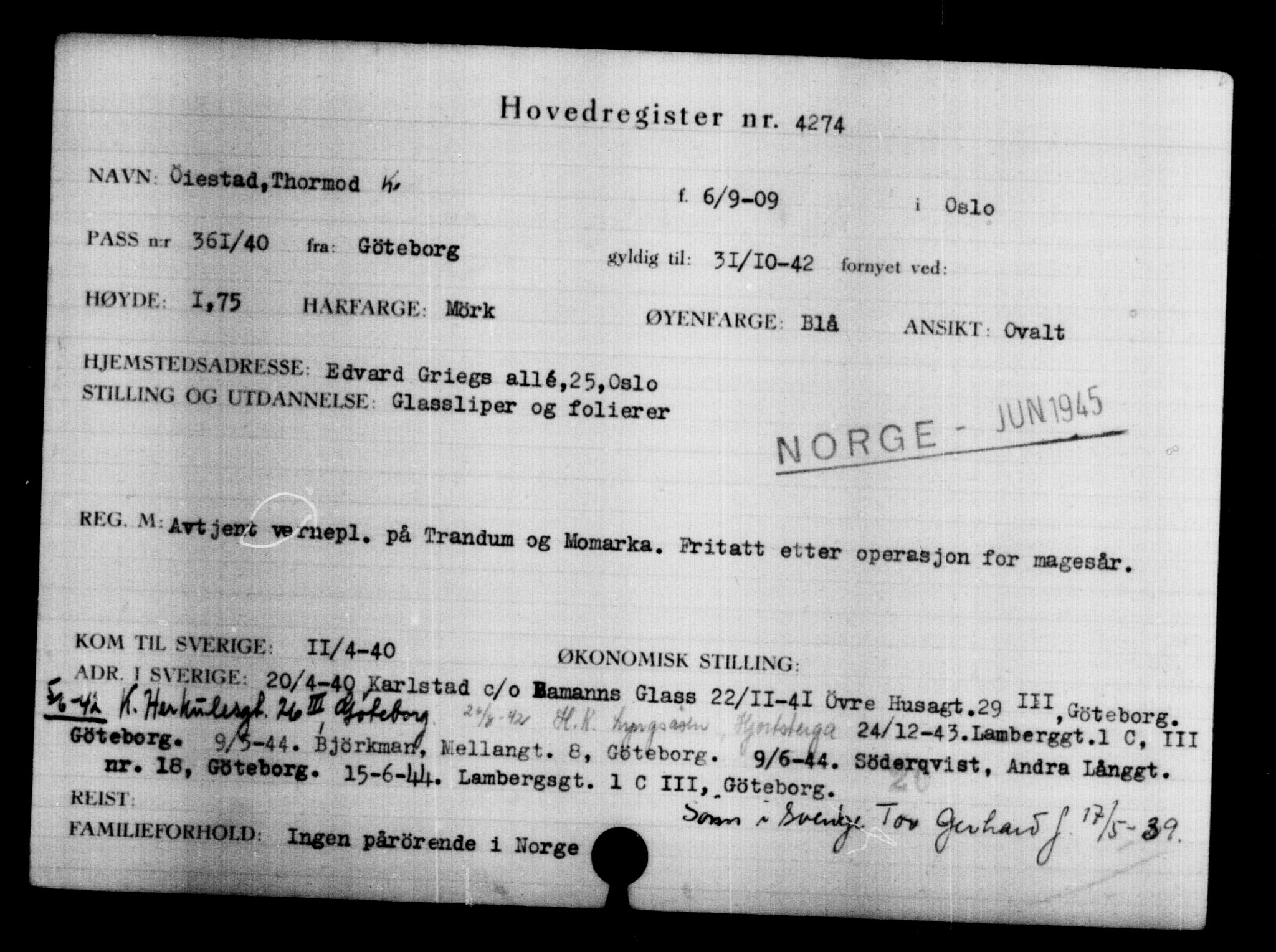 Utenriksstasjonene, Legasjonen i Stockholm, Flyktningkontoret, AV/RA-S-6753/V/Va/L0004: Kjesäterkartoteket, flyktninger med registreringsnr. 3496-6610, 1940-1945, p. 944