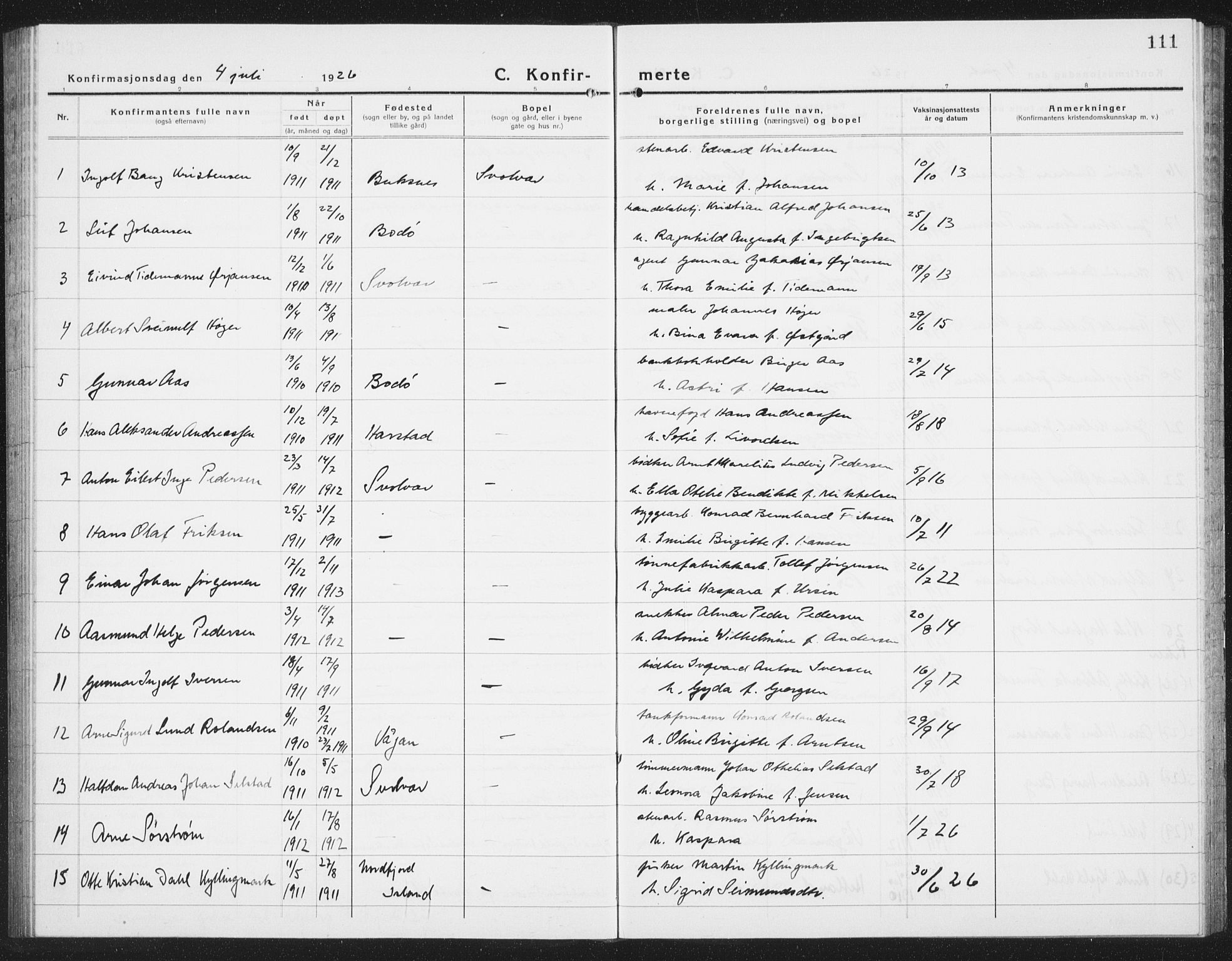 Ministerialprotokoller, klokkerbøker og fødselsregistre - Nordland, SAT/A-1459/877/L1117: Parish register (copy) no. 877C01, 1923-1942, p. 111