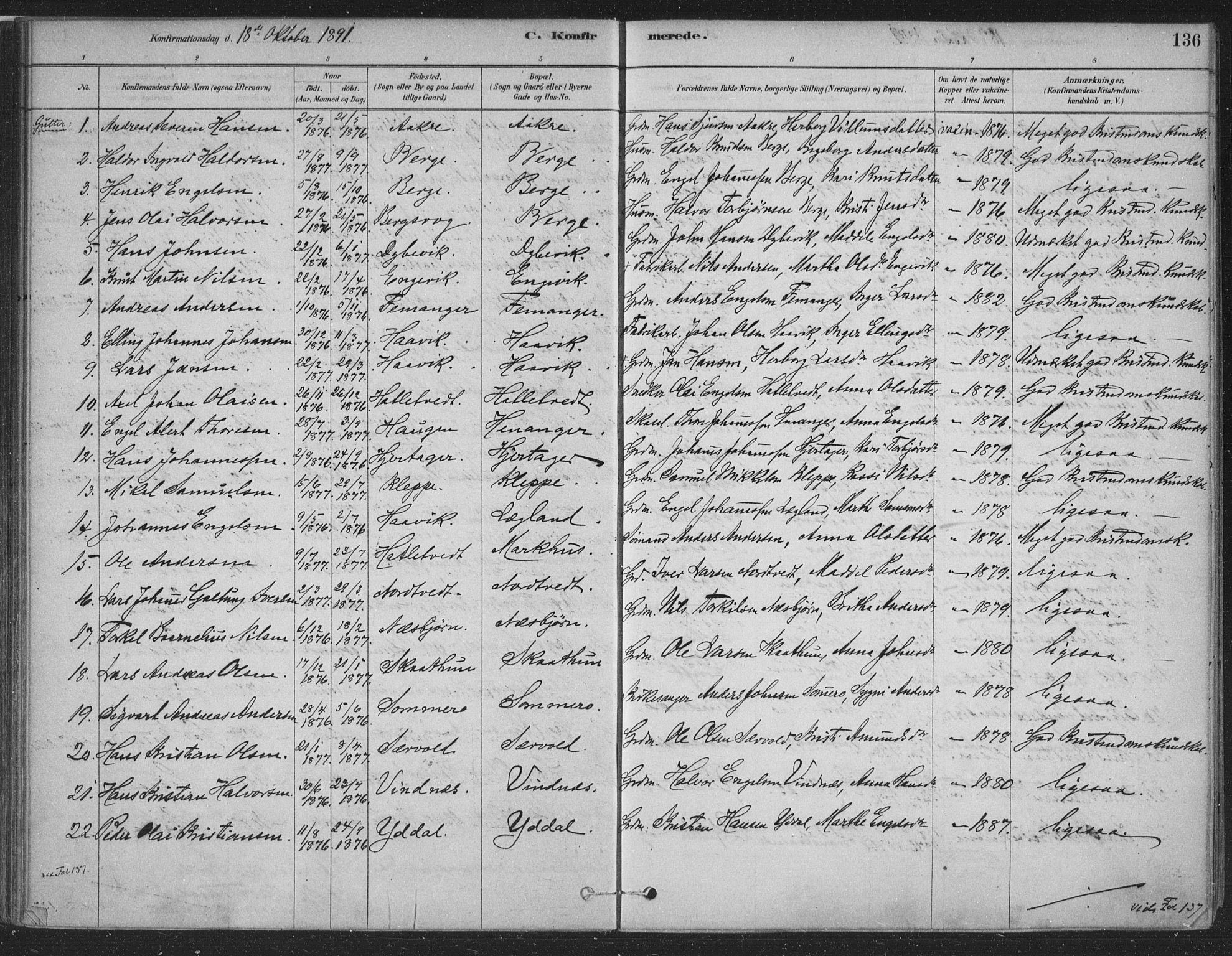 Fusa sokneprestembete, SAB/A-75401/H/Haa: Parish register (official) no. D 1, 1880-1938, p. 136