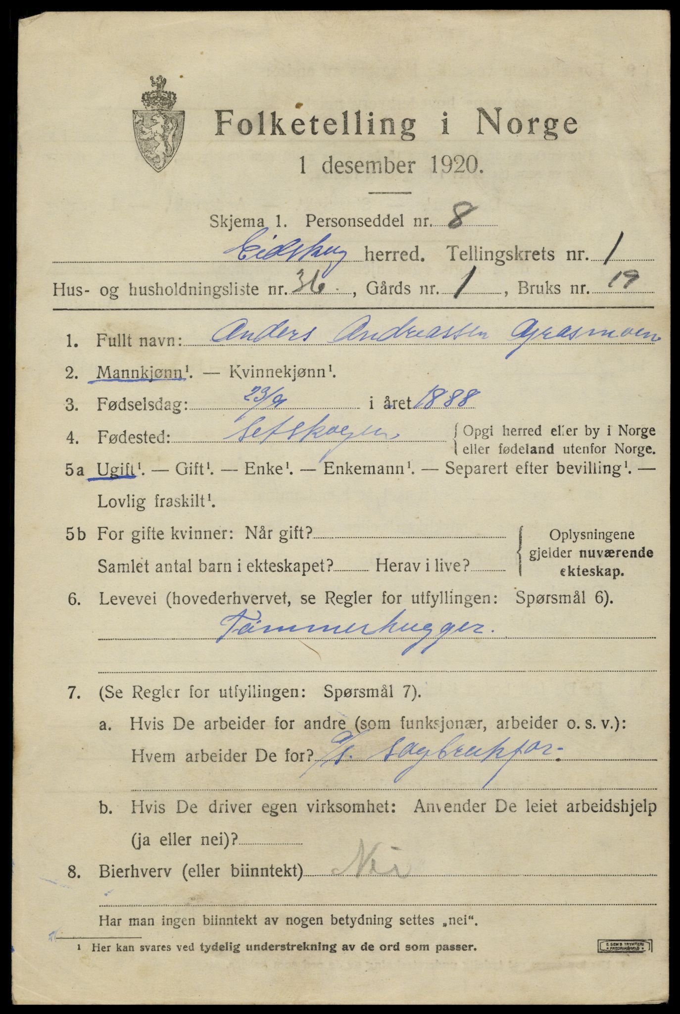 SAH, 1920 census for Eidskog, 1920, p. 2825