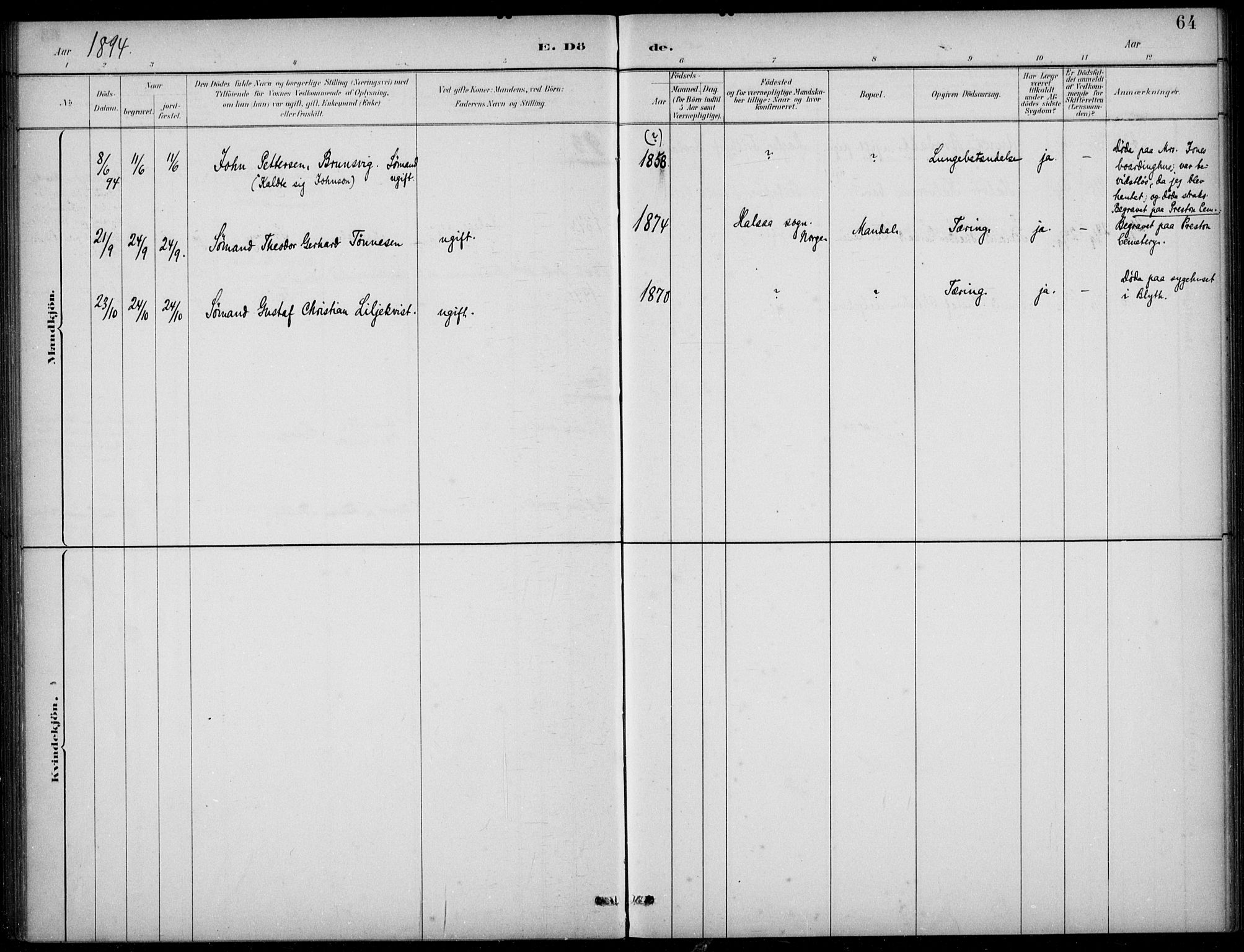 Den norske sjømannsmisjon i utlandet/Tyne-havnene (North Shields og New Castle), AV/SAB-SAB/PA-0101/H/Ha/L0002: Parish register (official) no. A 2, 1883-1938, p. 64