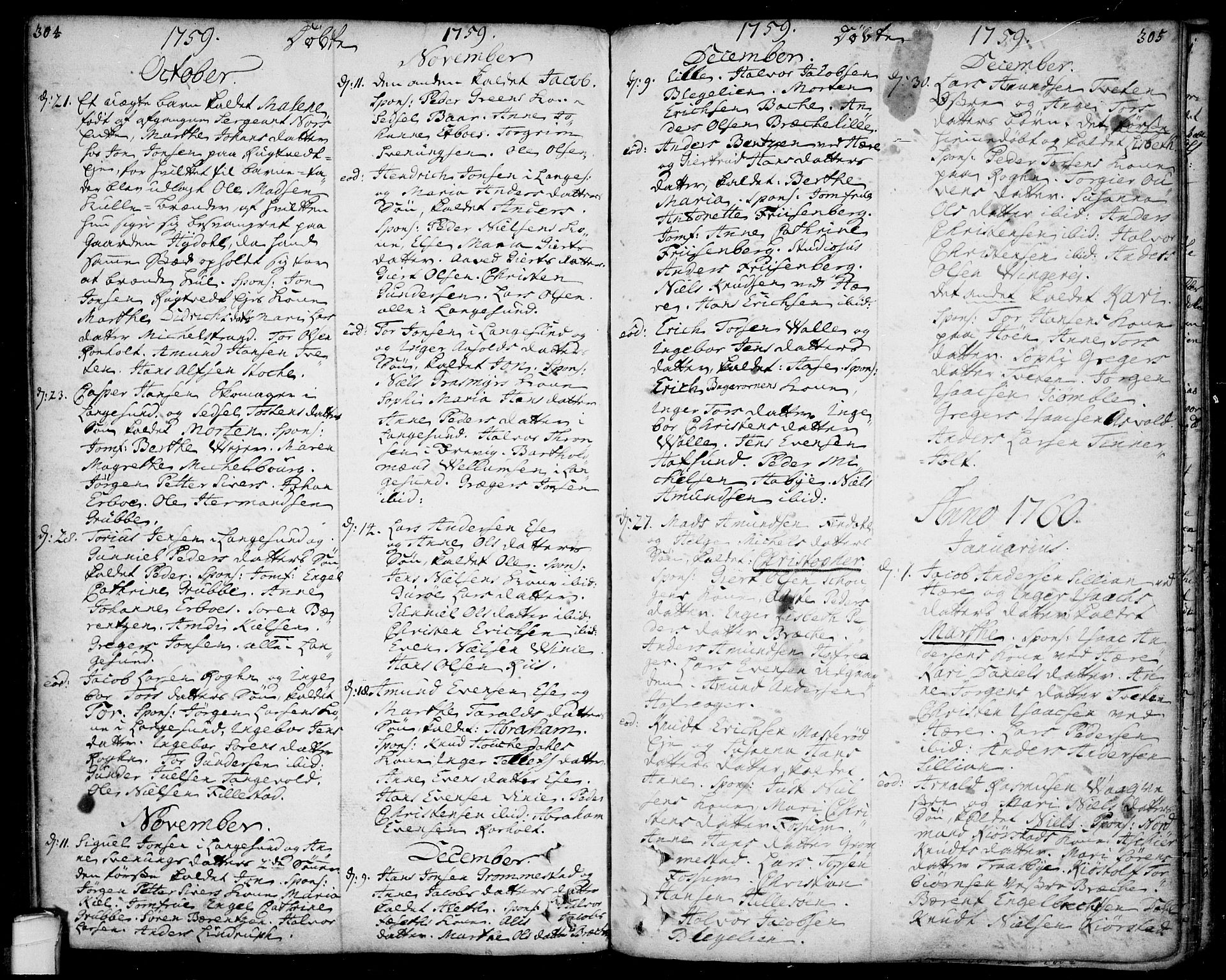 Bamble kirkebøker, AV/SAKO-A-253/F/Fa/L0001: Parish register (official) no. I 1, 1702-1774, p. 304-305