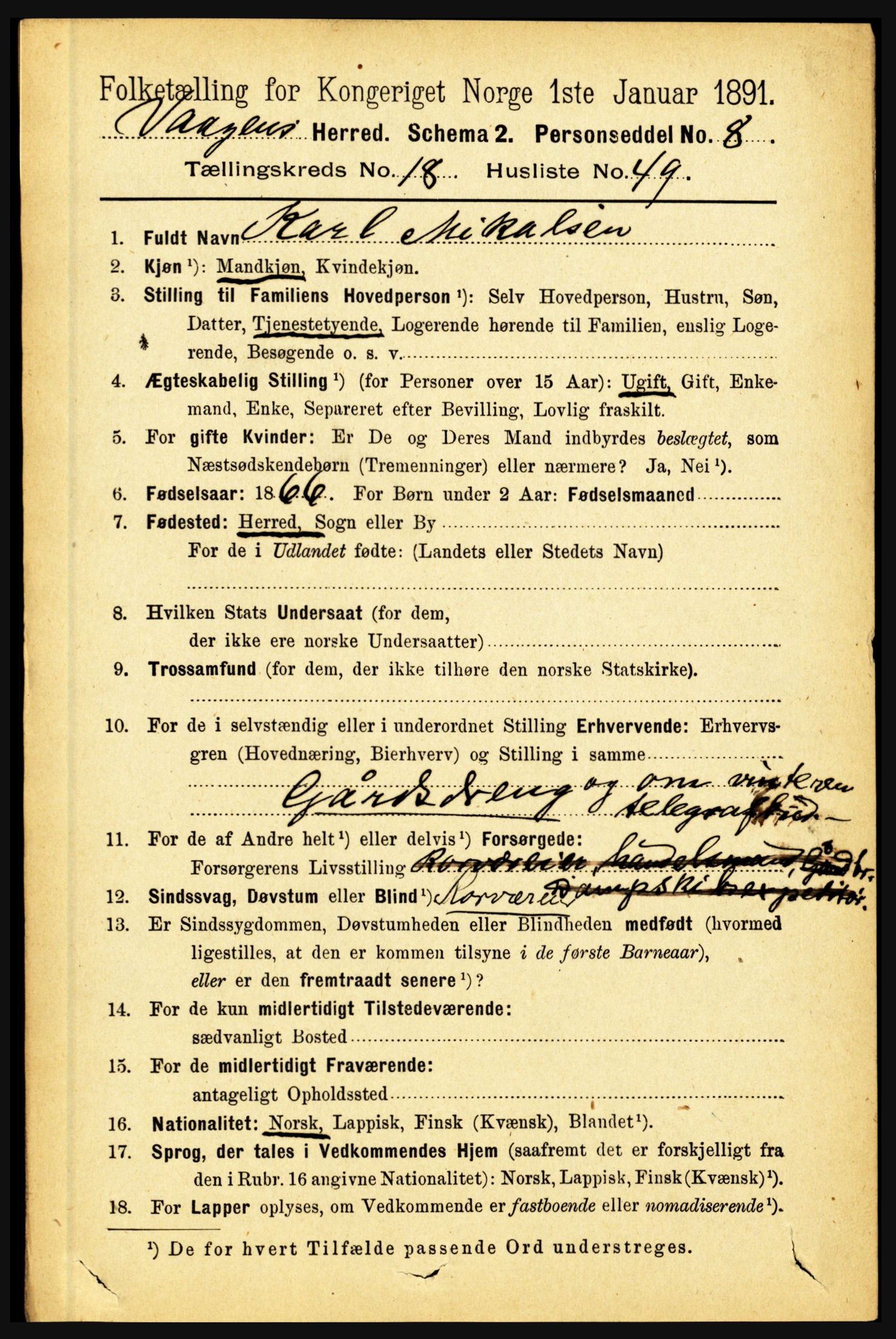 RA, 1891 census for 1865 Vågan, 1891, p. 5447