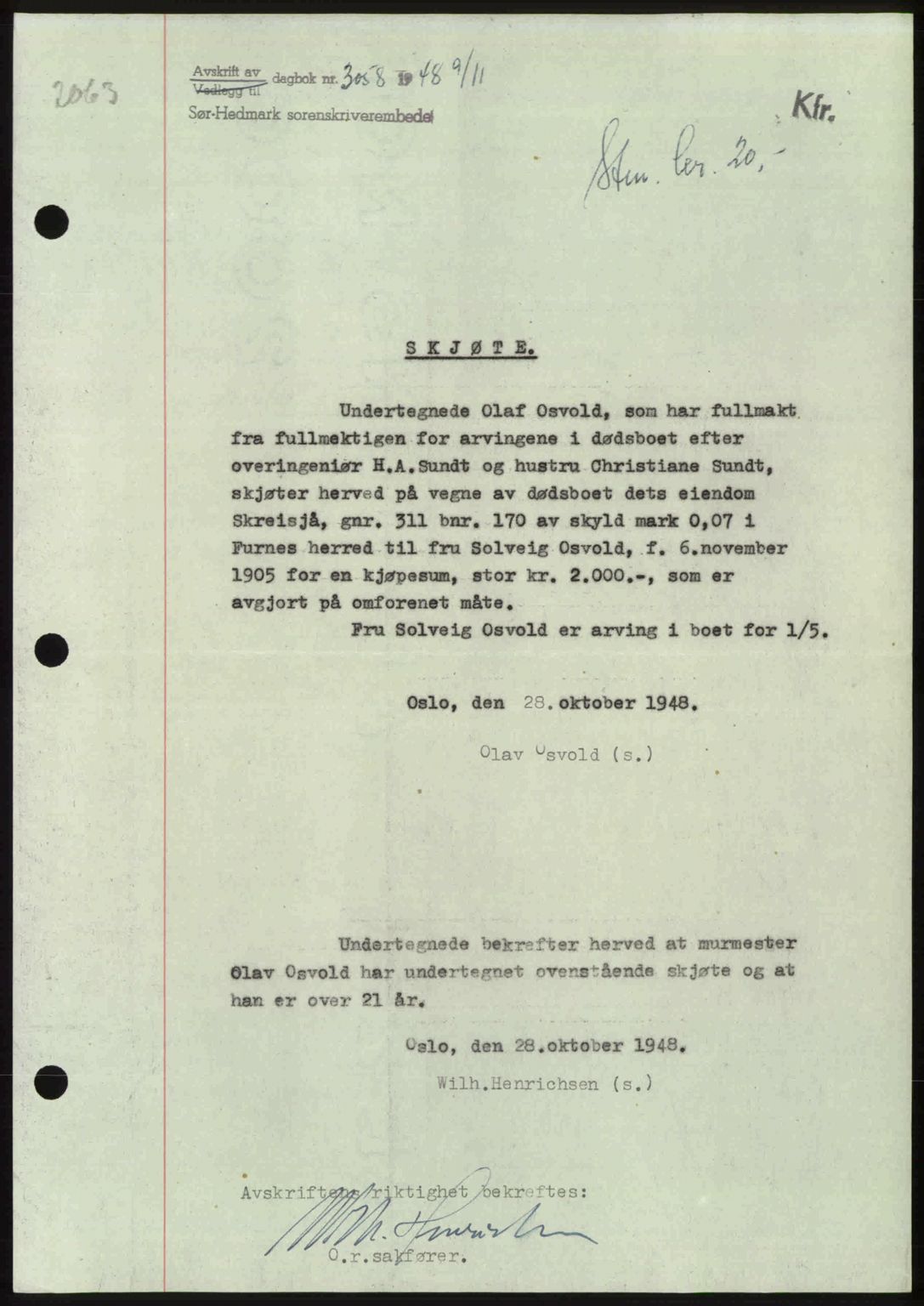 Sør-Hedmark sorenskriveri, AV/SAH-TING-014/H/Hb/Hbd/L0018: Mortgage book no. 18, 1948-1949, Diary no: : 3058/1948