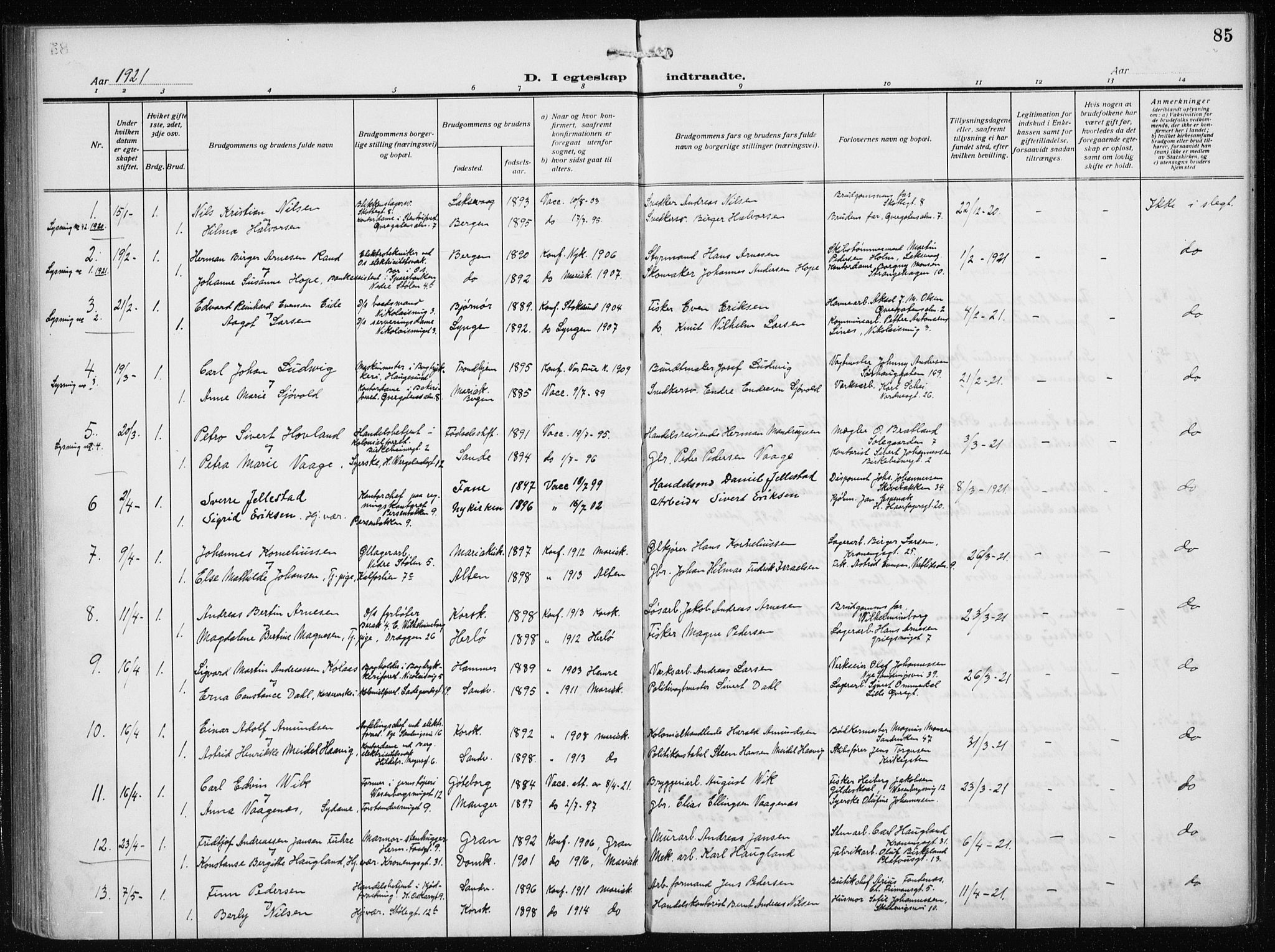 Mariakirken Sokneprestembete, SAB/A-76901/H/Haa/L0015: Parish register (official) no. C 3, 1913-1927, p. 85