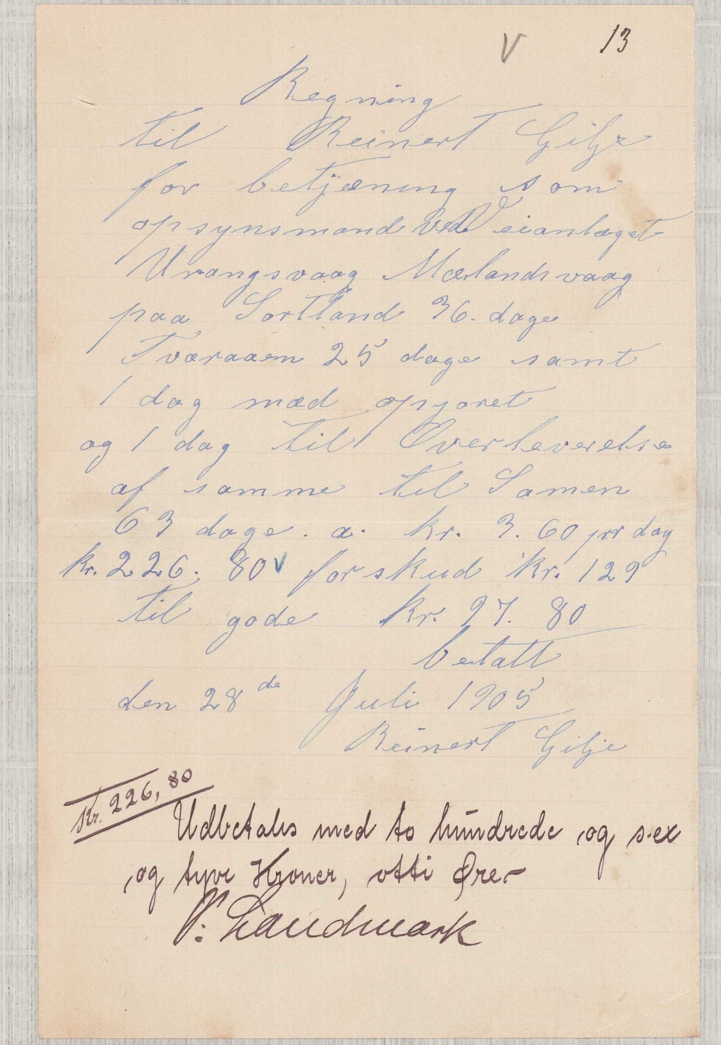 Finnaas kommune. Formannskapet, IKAH/1218a-021/E/Ea/L0002/0003: Rekneskap for veganlegg / Rekneskap for veganlegget Urangsvåg - Mælandsvåg, 1904-1905, p. 80