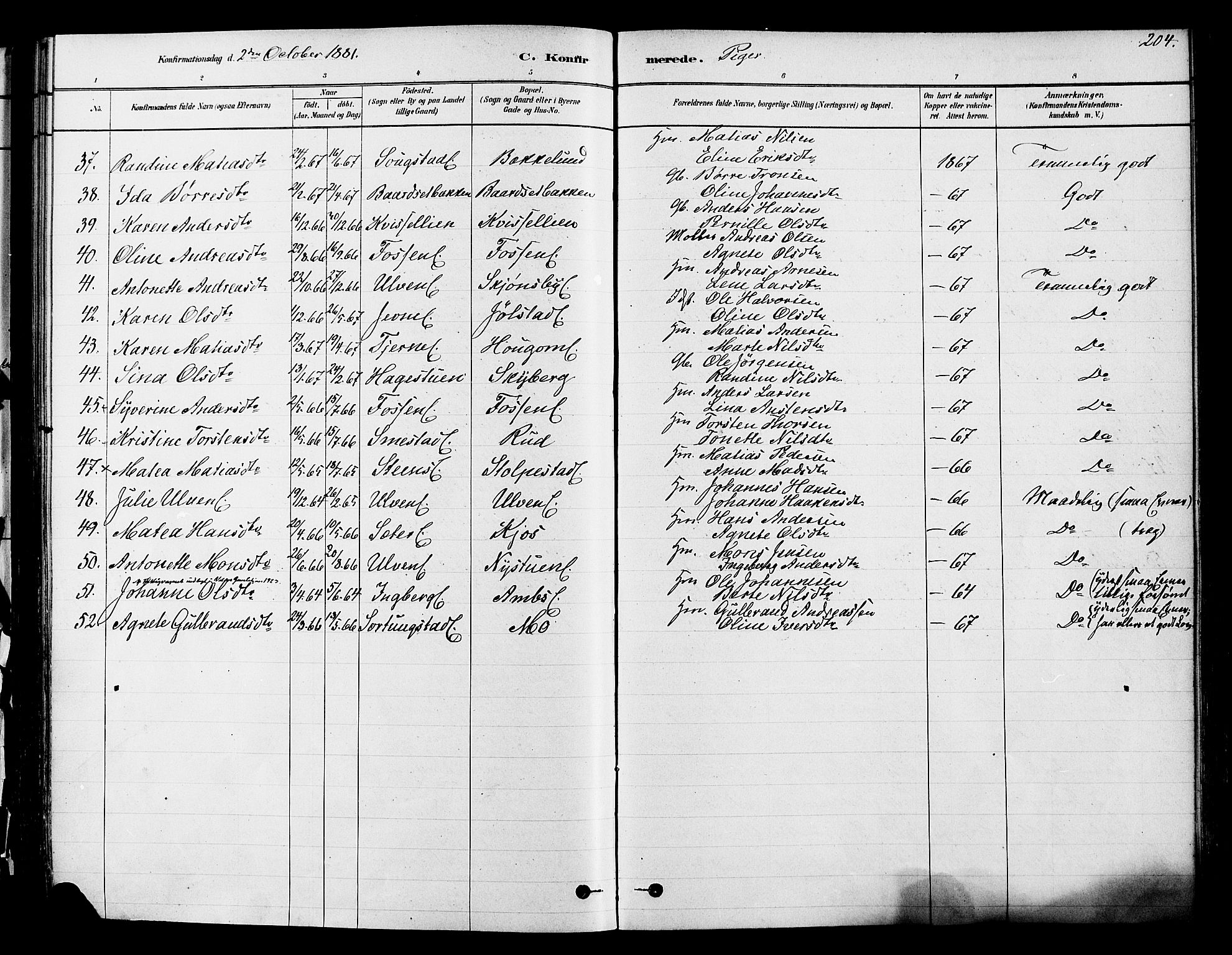 Ringsaker prestekontor, AV/SAH-PREST-014/K/Ka/L0012: Parish register (official) no. 12, 1879-1890, p. 204