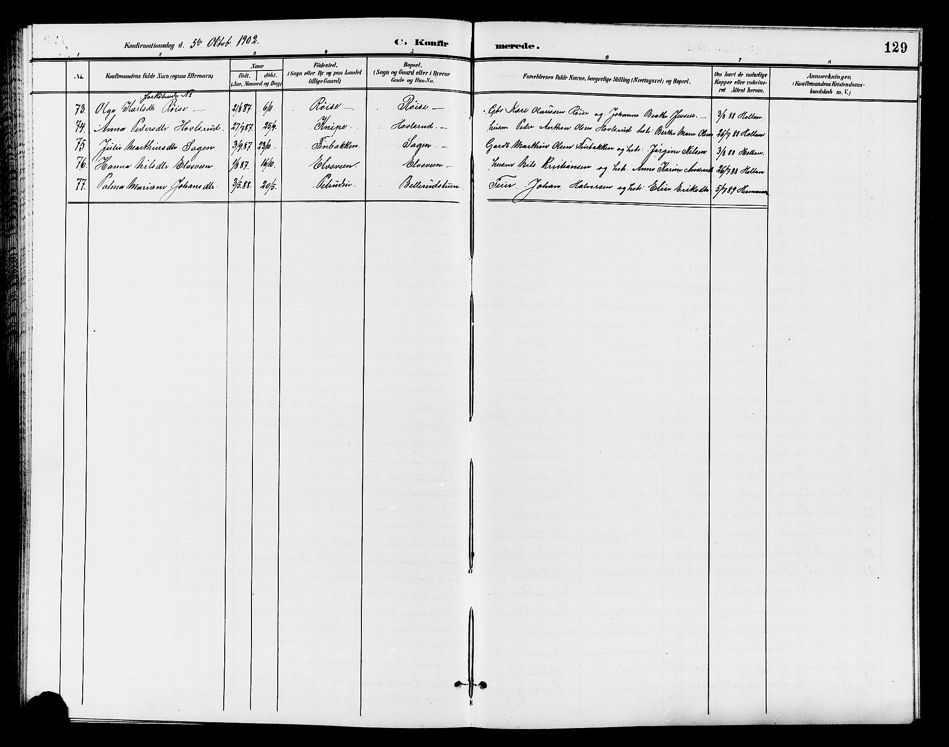 Østre Toten prestekontor, AV/SAH-PREST-104/H/Ha/Hab/L0007: Parish register (copy) no. 7, 1901-1912, p. 129