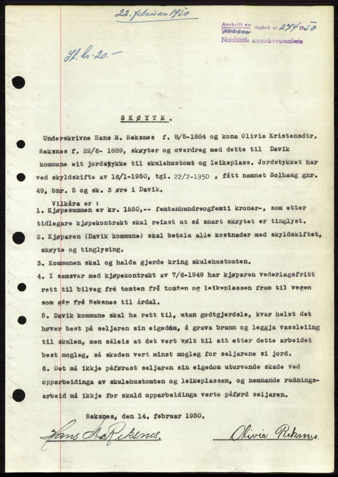 Nordfjord sorenskriveri, SAB/A-2801/02/02b/02bj/L0016a: Mortgage book no. A16 I, 1949-1950, Diary no: : 274/1950