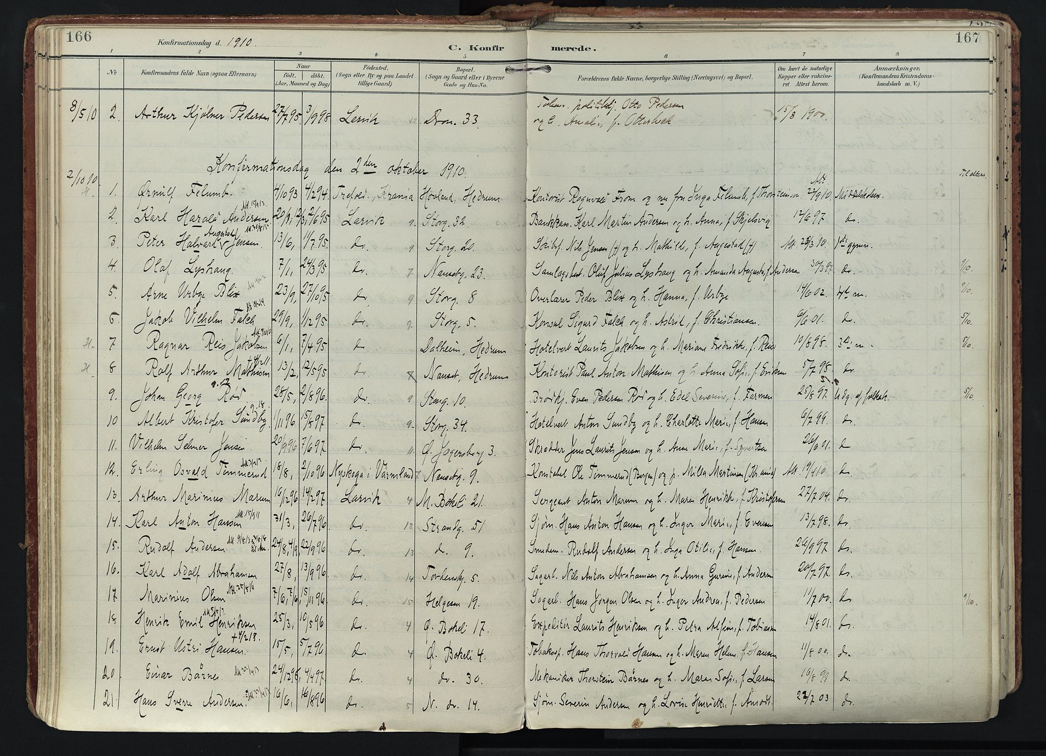Larvik kirkebøker, SAKO/A-352/F/Fa/L0011: Parish register (official) no. I 11, 1902-1922, p. 166-167