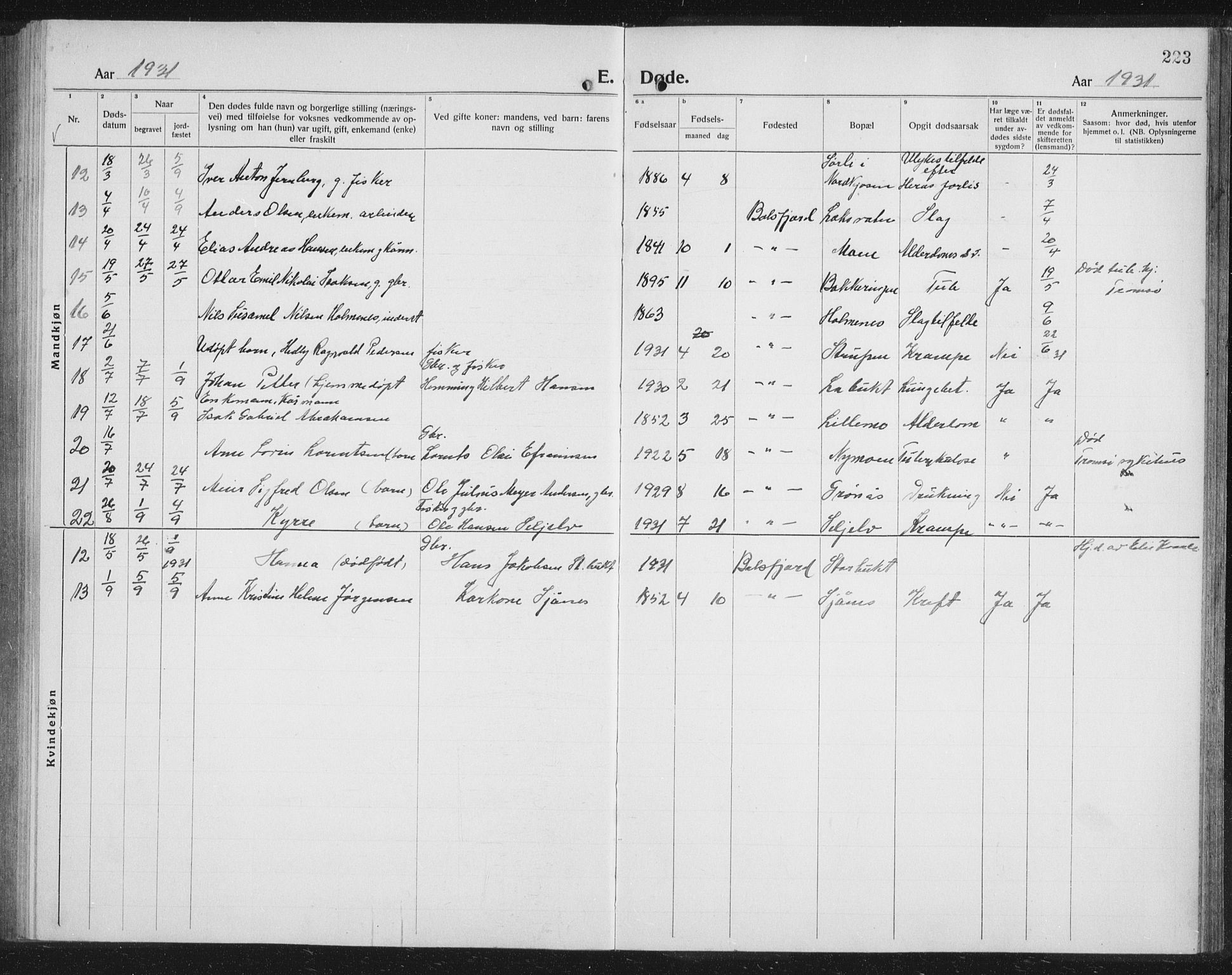 Balsfjord sokneprestembete, AV/SATØ-S-1303/G/Gab/L0010klokker: Parish register (copy) no. 10, 1921-1936, p. 223