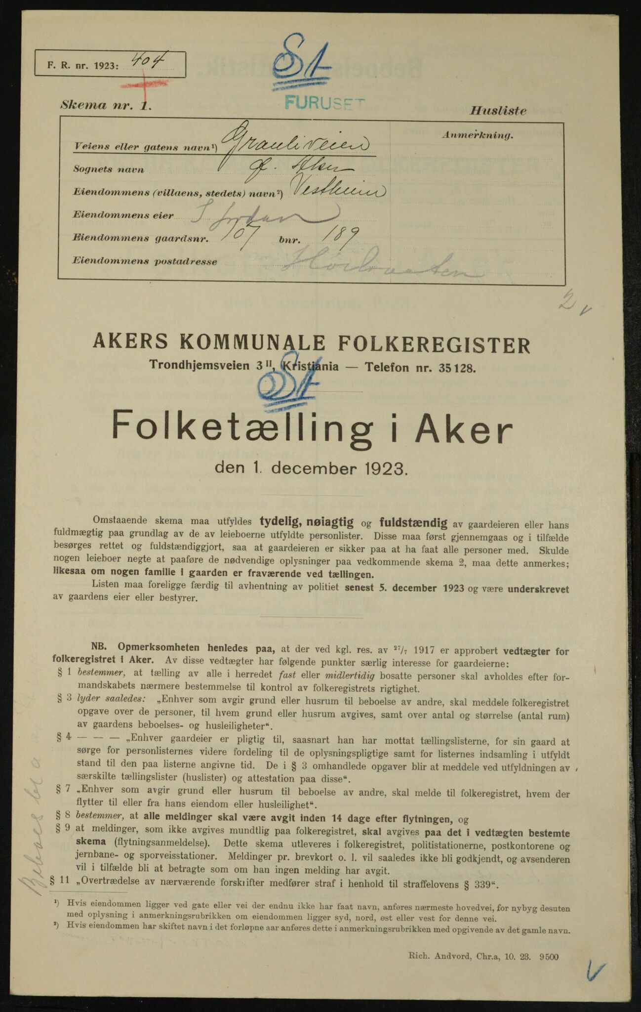 , Municipal Census 1923 for Aker, 1923, p. 25088