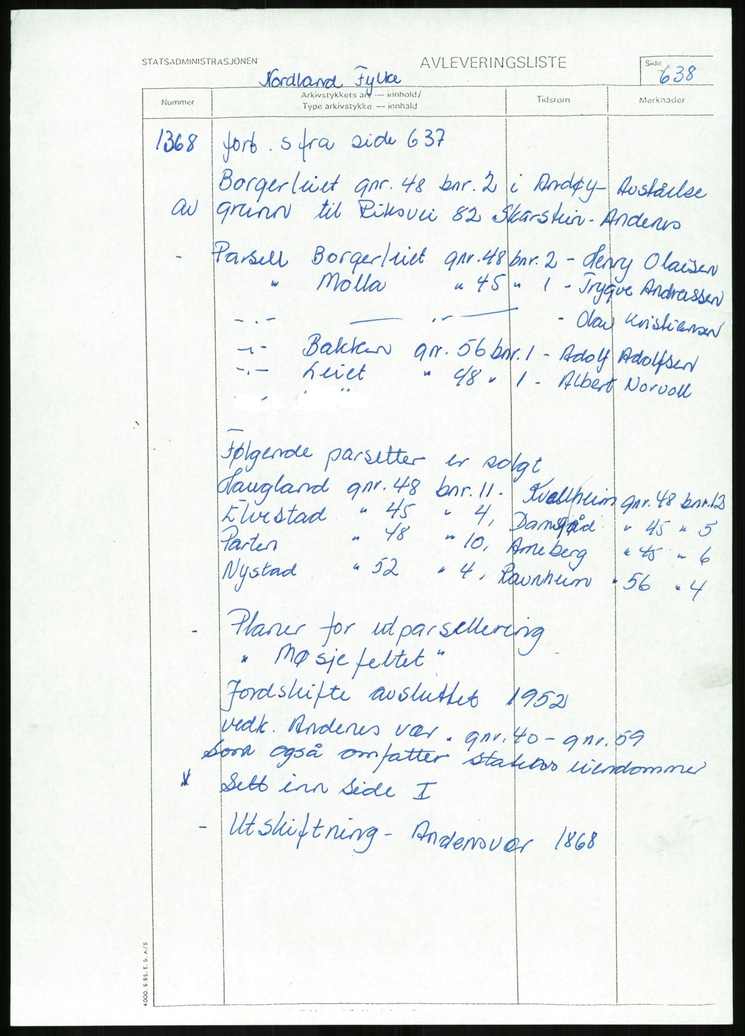 Direktoratet for statens skoger, RA/S-1600/2/E/Eg/L0003: Arkivliste for 10.11-serien. Nord-Trøndelag til Finnmark fylke. Mappenr. 926 - 1505, 1957-1992, p. 436