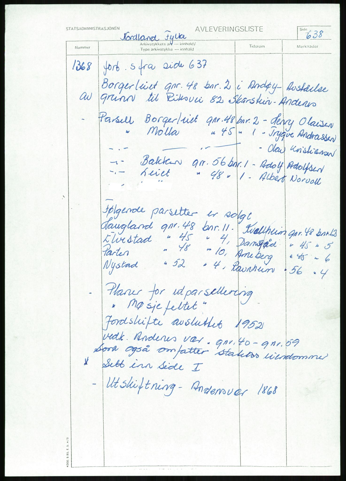 Direktoratet for statens skoger, AV/RA-S-1600/2/E/Eg/L0003: Arkivliste for 10.11-serien. Nord-Trøndelag til Finnmark fylke. Mappenr. 926 - 1505, 1957-1992, p. 436