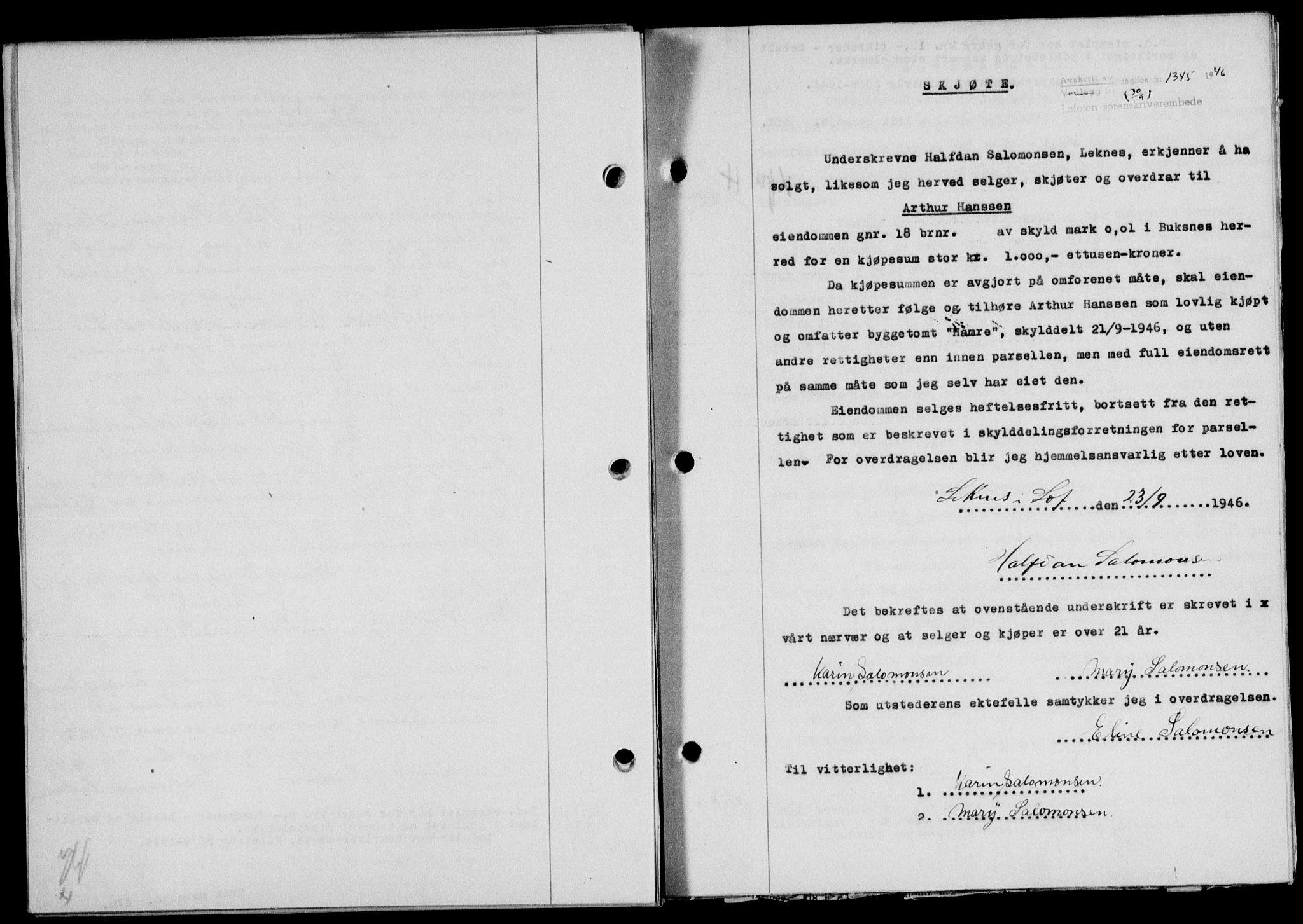 Lofoten sorenskriveri, SAT/A-0017/1/2/2C/L0014a: Mortgage book no. 14a, 1946-1946, Diary no: : 1345/1946