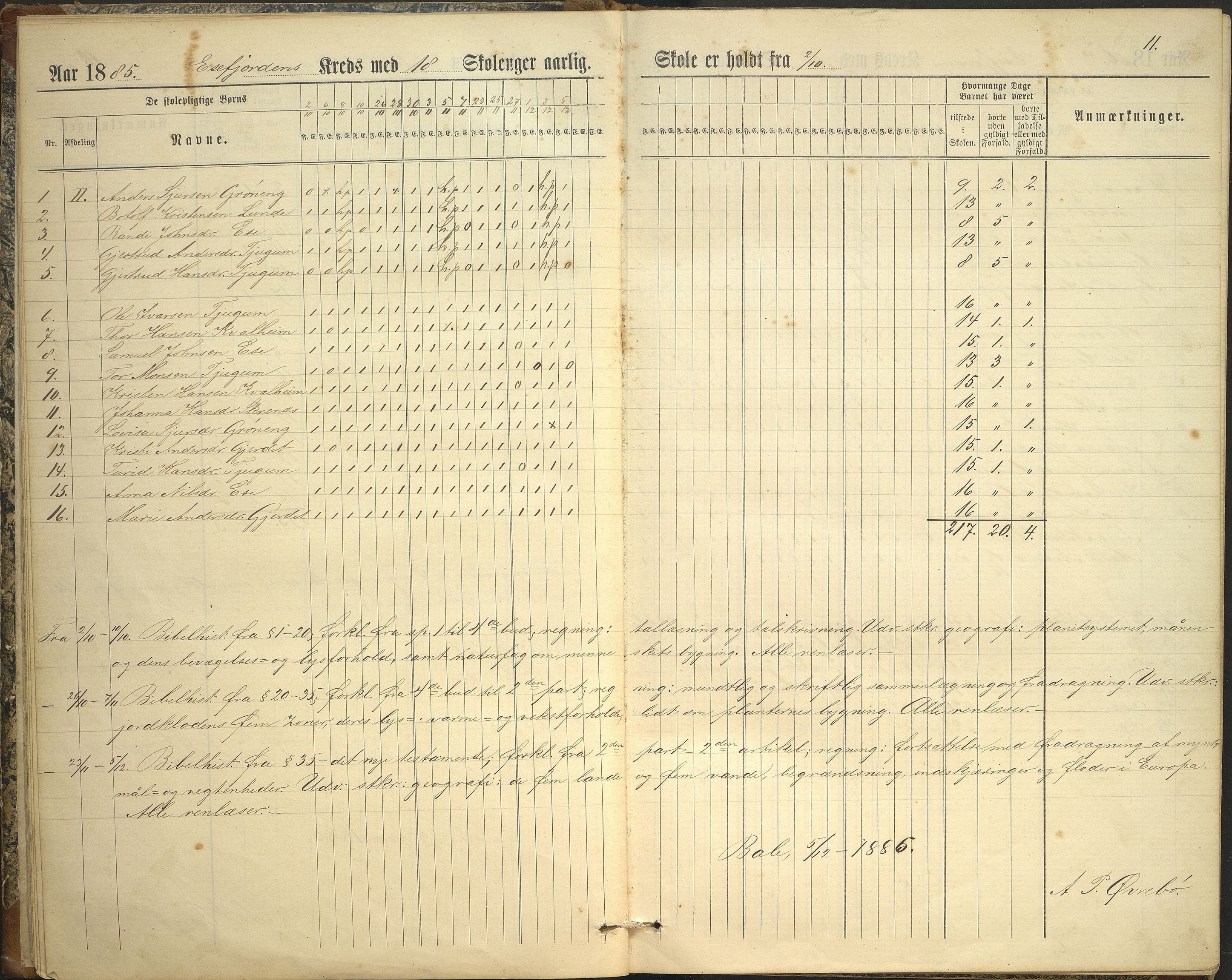 Balestrand kommune. Grøneng skule/Esefjorden skulekrins, VLFK/K-14180.520.07/543/L0001: dagbok for Esefjorden skulekrins, 1882-1905, p. 11