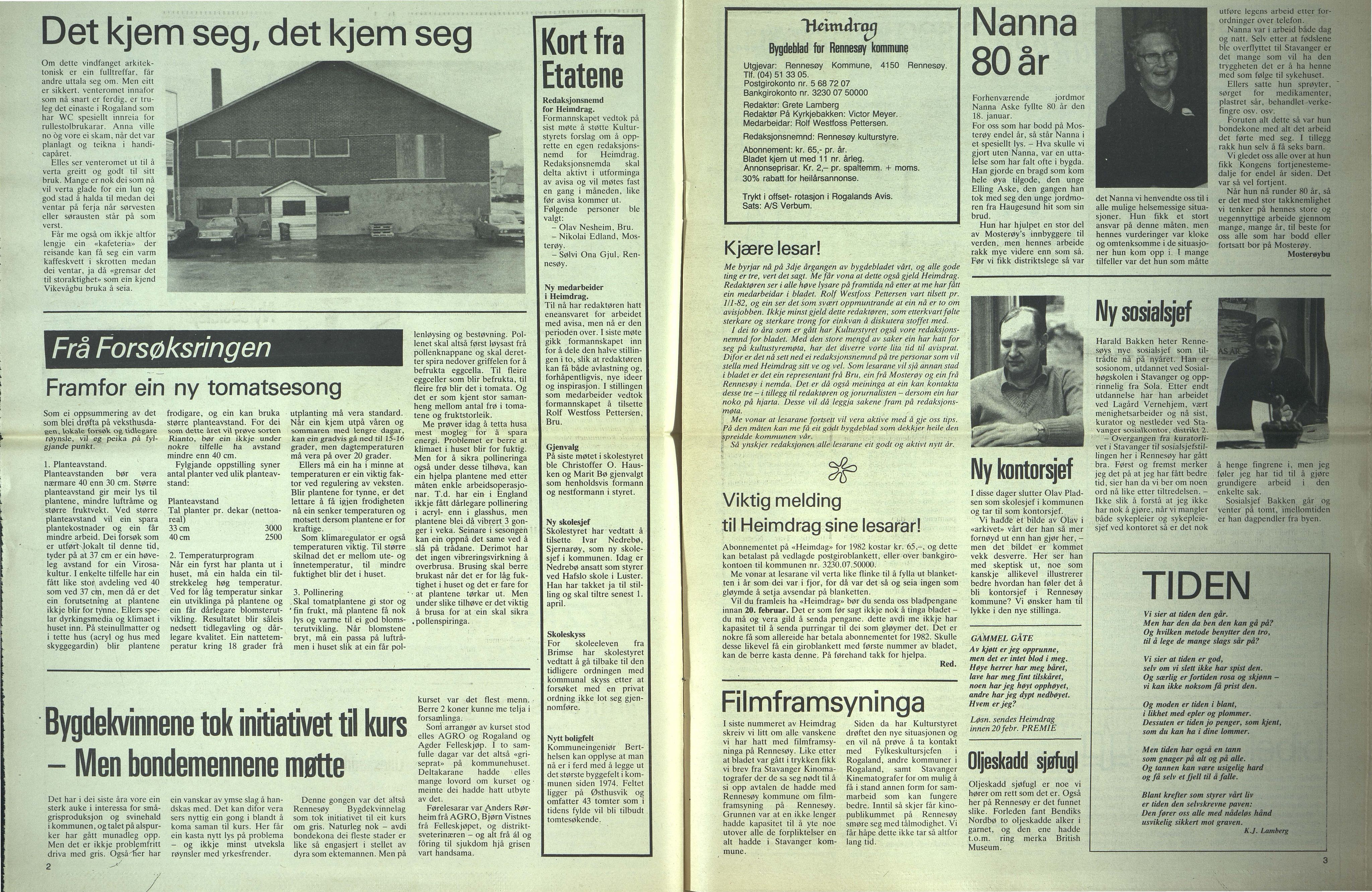 Rennesøy kommune. Heimdrag, lokalavis, BYST/A-0750/X/Xa/L0004: Heimdrag 1982, 1982