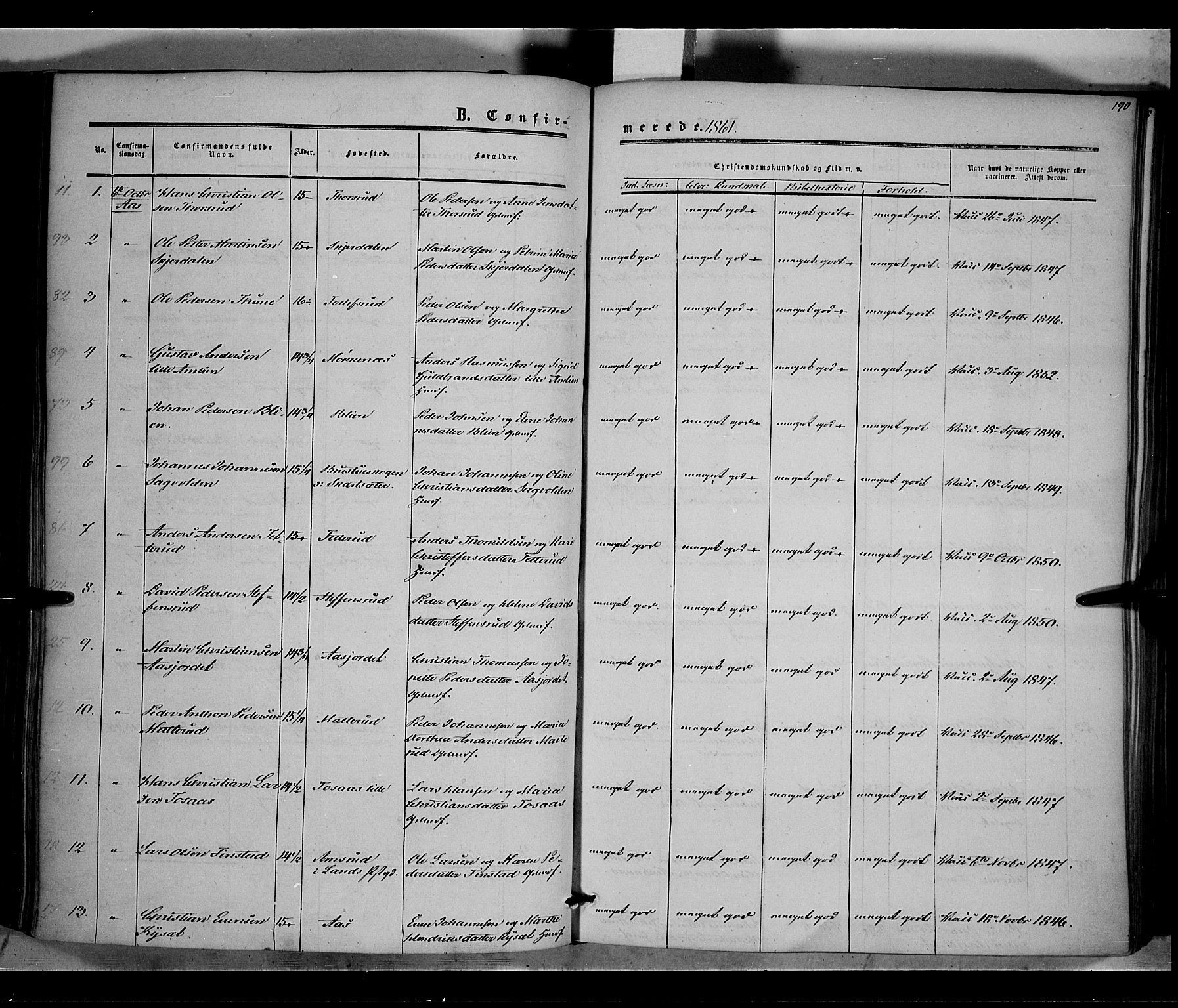 Vestre Toten prestekontor, AV/SAH-PREST-108/H/Ha/Haa/L0006: Parish register (official) no. 6, 1856-1861, p. 190