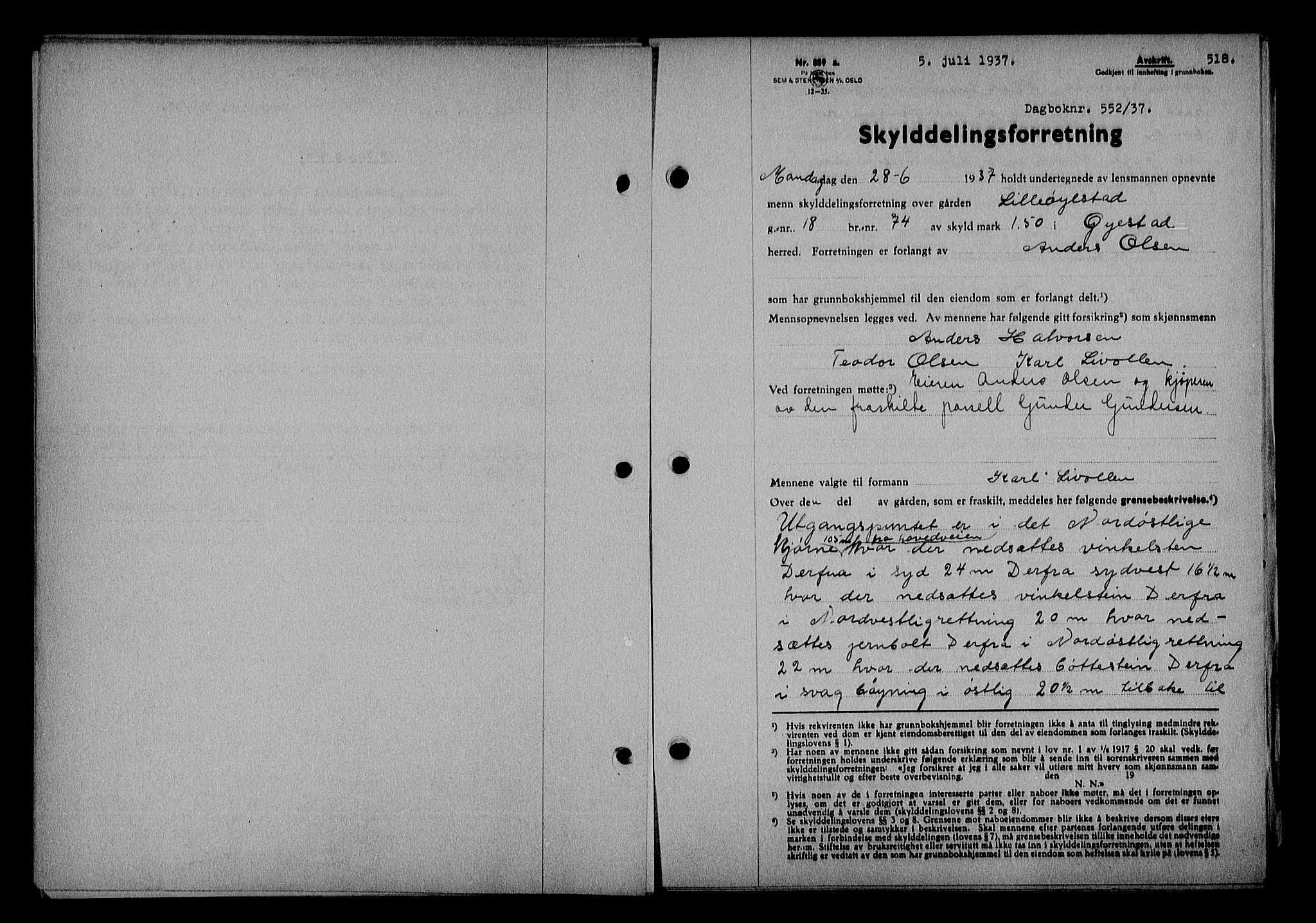 Nedenes sorenskriveri, SAK/1221-0006/G/Gb/Gba/L0043: Mortgage book no. 39, 1936-1937, Diary no: : 552/1937