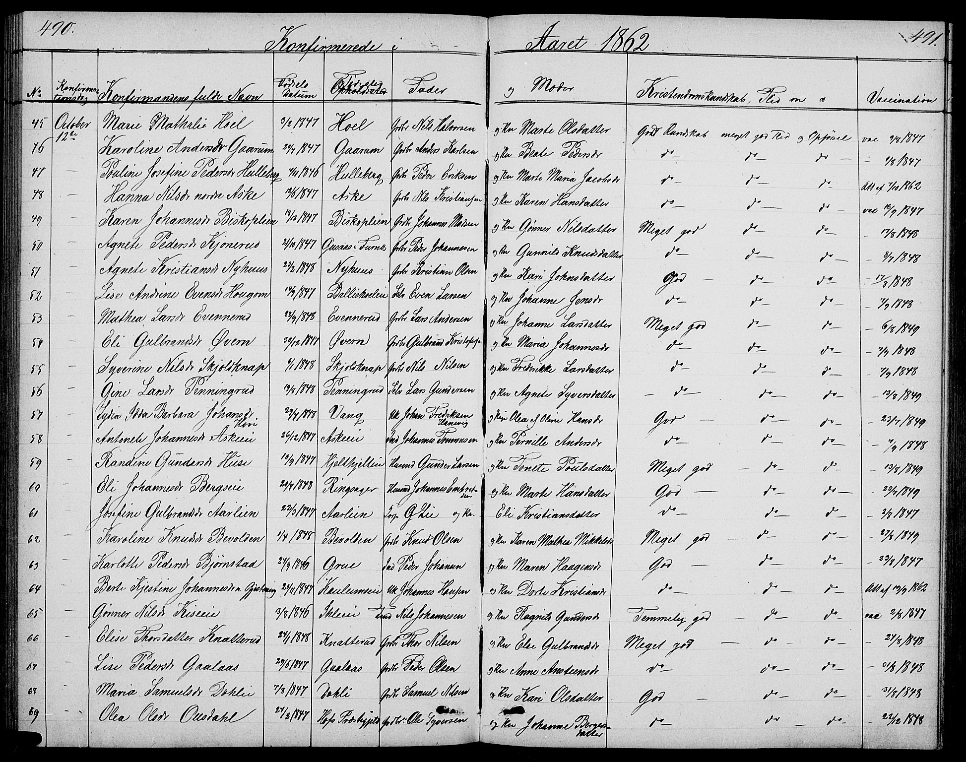 Nes prestekontor, Hedmark, SAH/PREST-020/L/La/L0005: Parish register (copy) no. 5, 1852-1889, p. 490-491